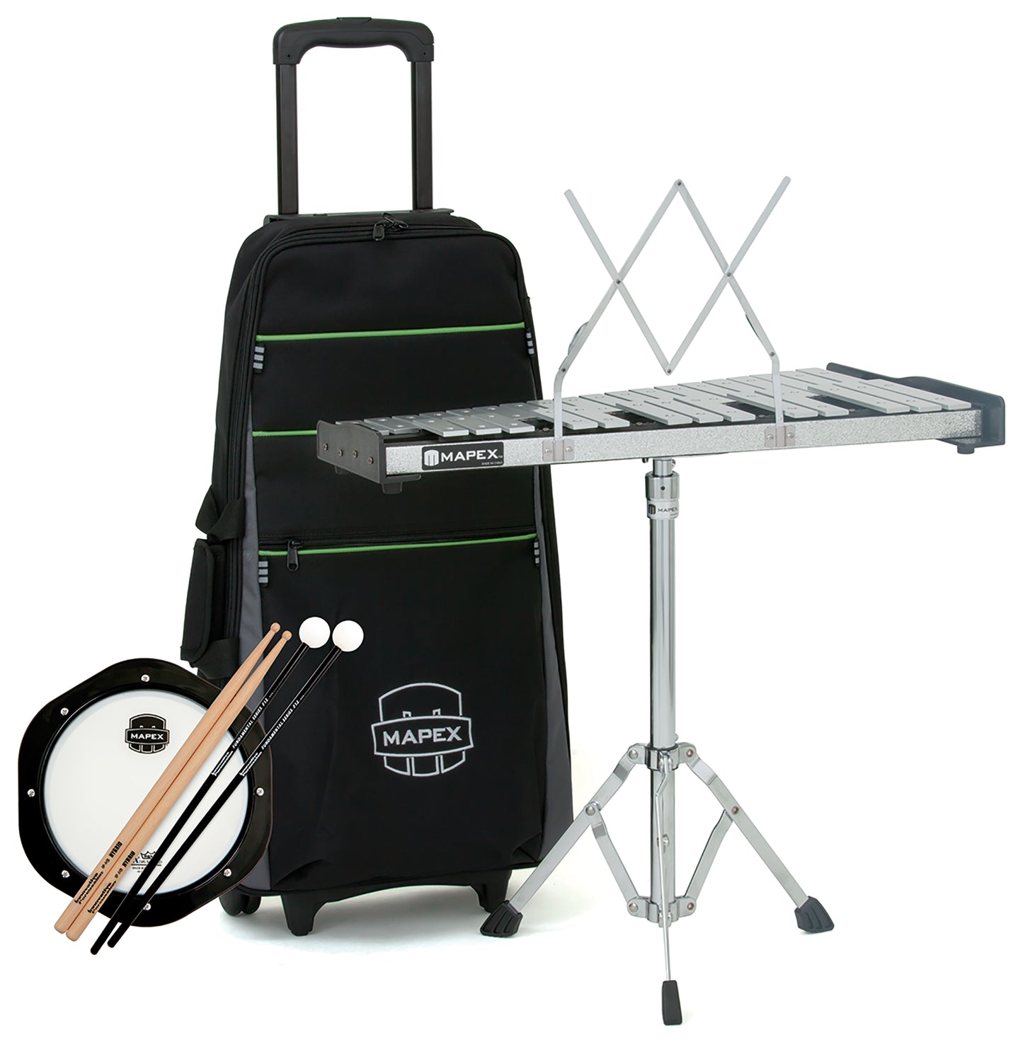 Kit carillon 32 notes, avec accessoires, baguettes et mailloches, pad entrainement, housse avec roues