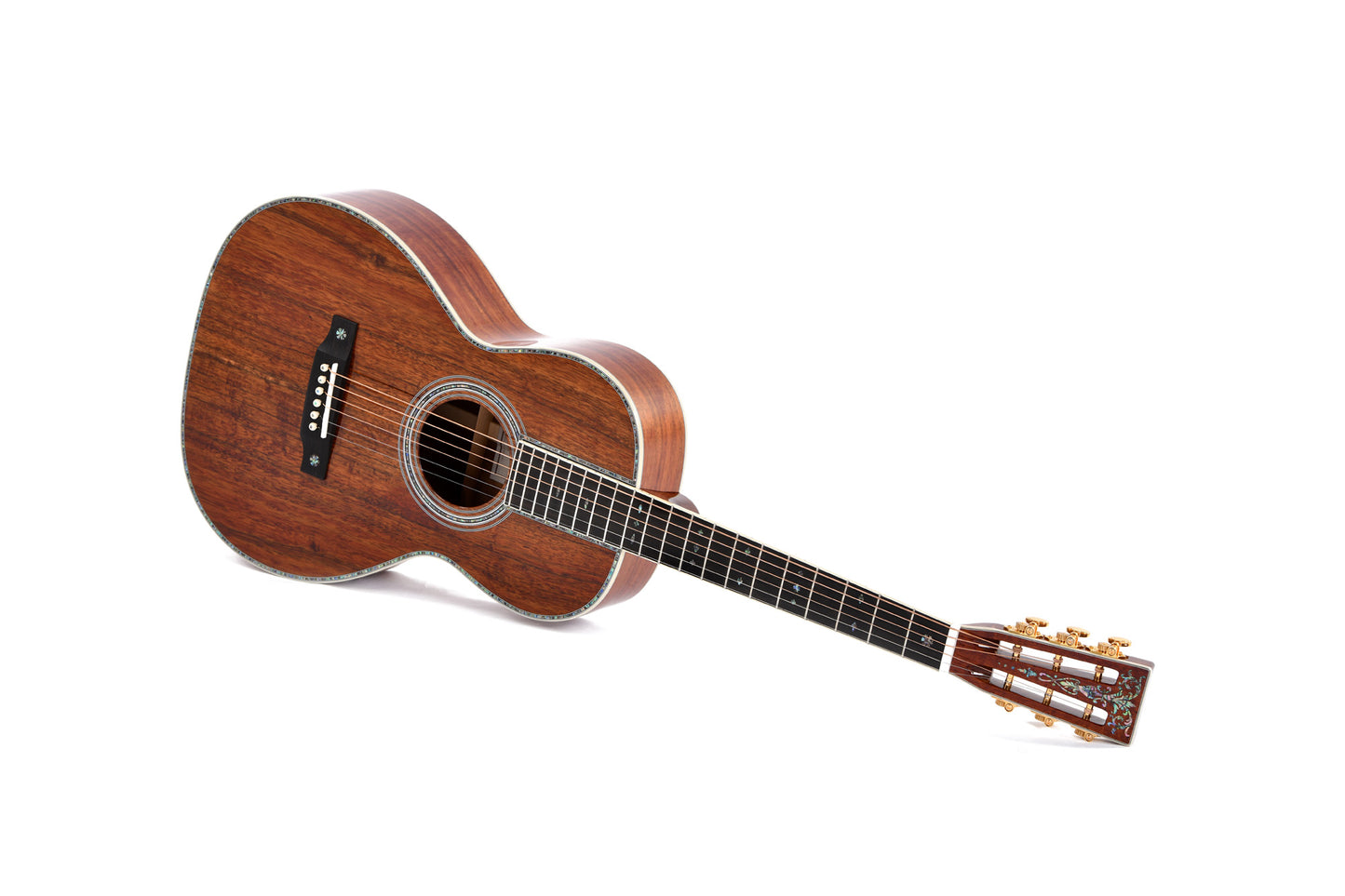 ModĂšle 00K2-42S, Ă©dition spĂ©ciale, Forme 00, table Koa flammĂ© massif, f/e Koa flammĂ©, tĂȘte ajourĂ©e, soft case, nat. brillant