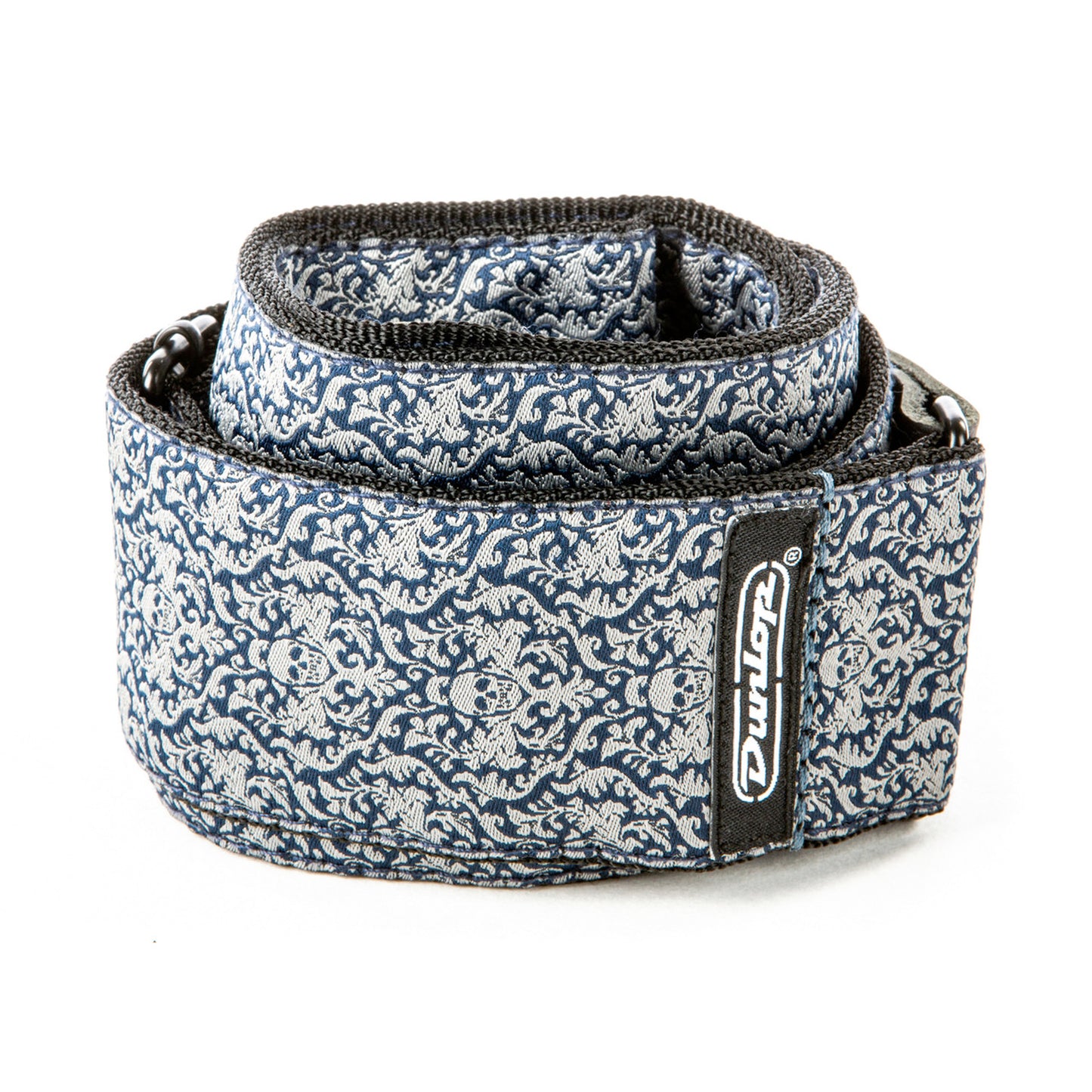 Courroie jacquard modèle FLEURS DE SKULL, extrémités cuir, largeur 5 cm, bleu et blanc