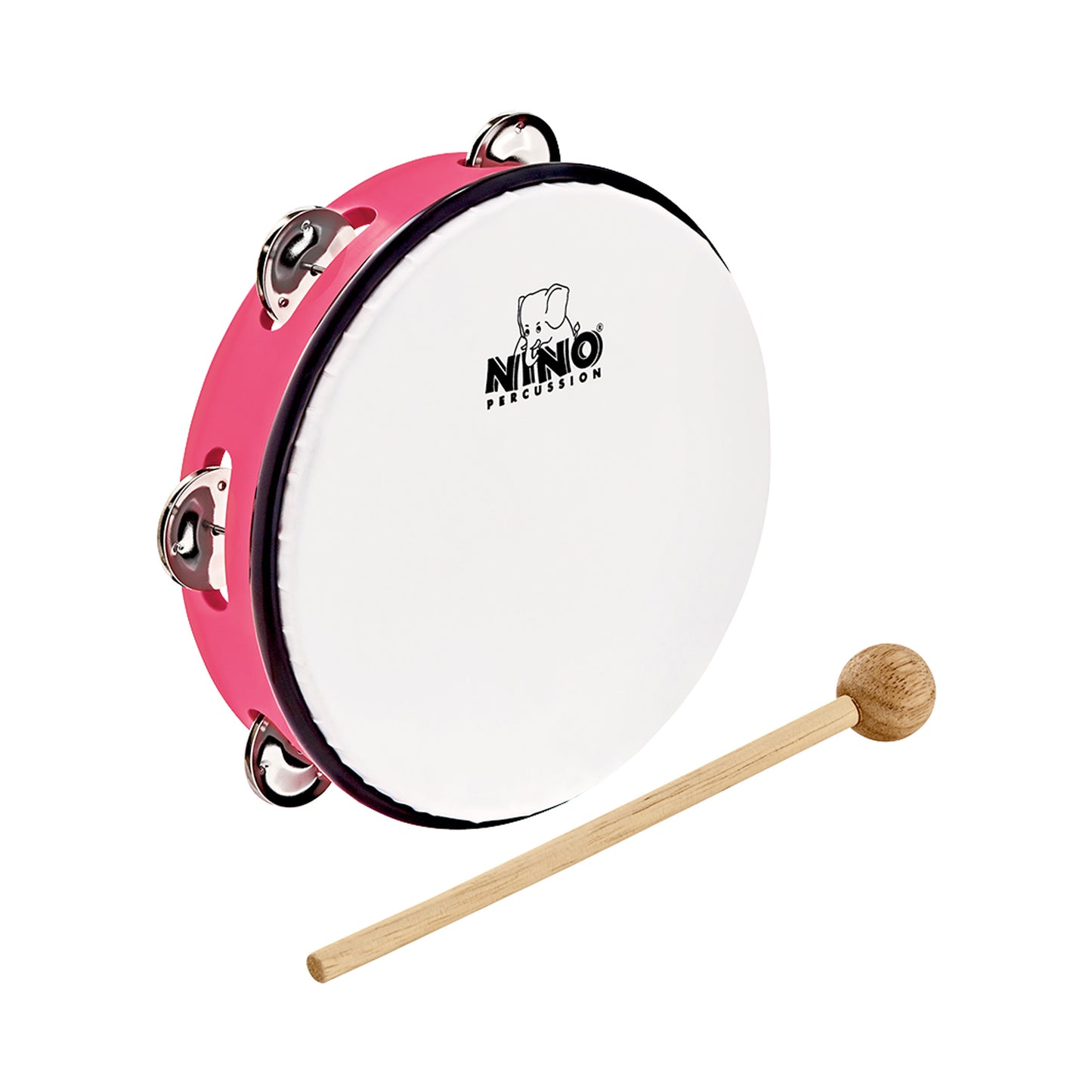 Tambourin Nino 8" cadre en plastique ABS, peau synthƩtique, cymbalettes nickelƩes, avec mailloche bois, rose