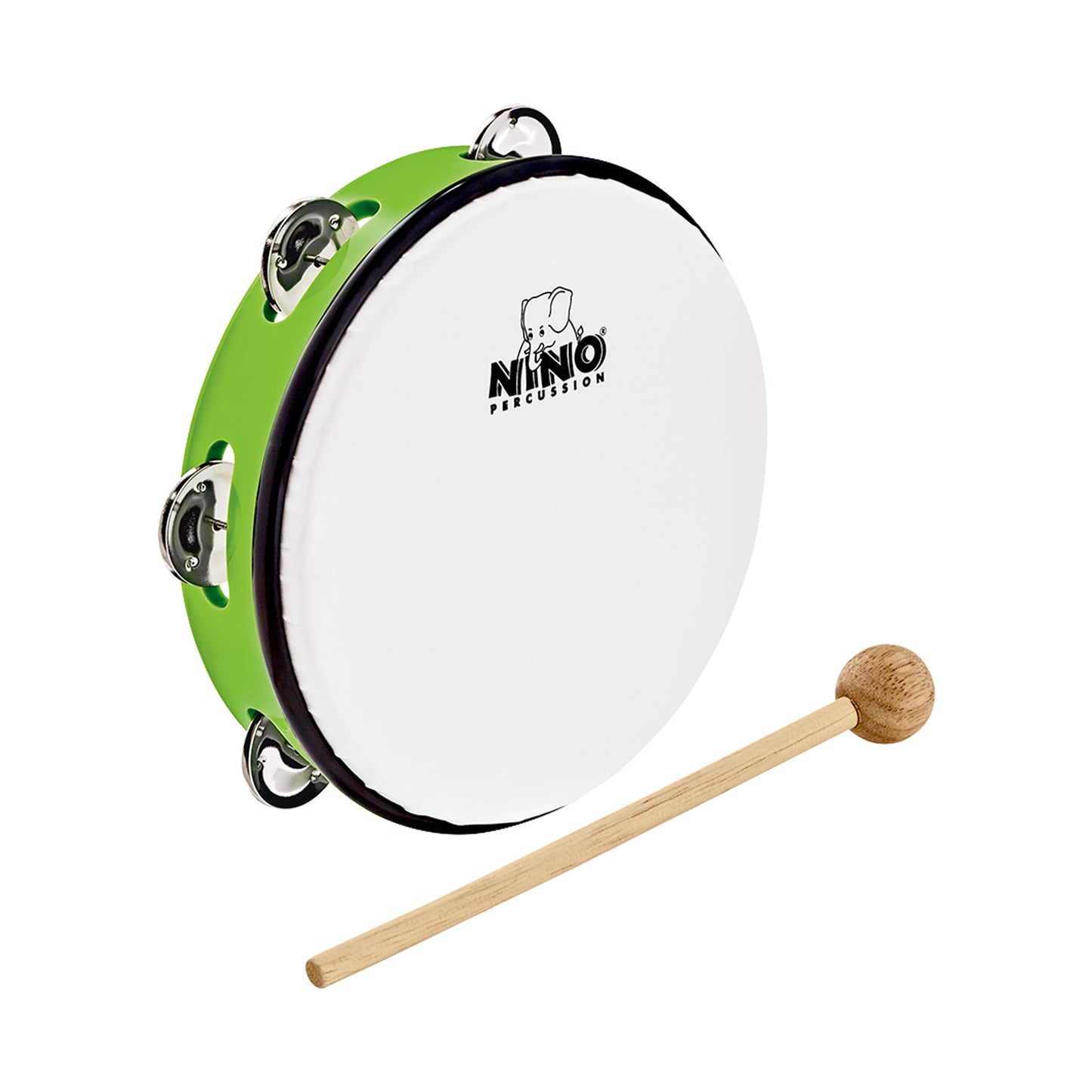 Tambourin Nino 8" cadre en plastique ABS, peau synthƩtique, cymbalettes nickelƩes, avec mailloche bois, vert