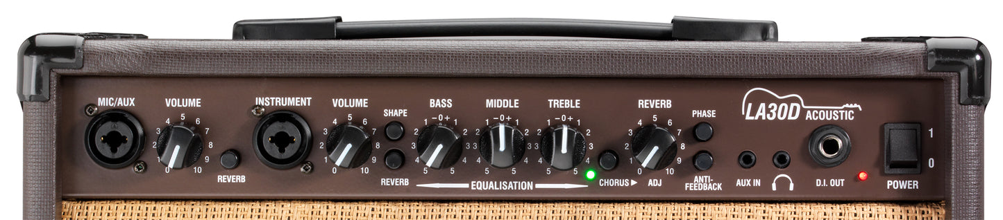 Ampli guitare acoustique 30W, 2x HP 6.5" double cône, 2 canaux, effets chorus et réverb, brun.