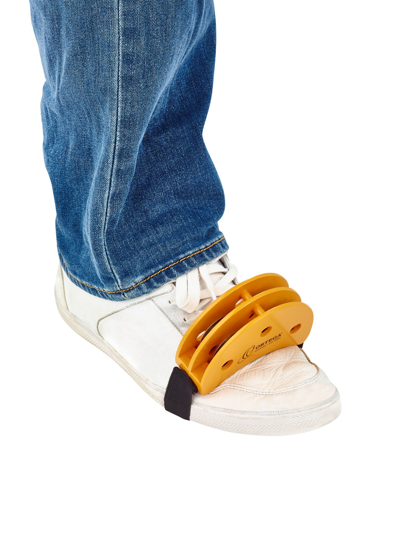 Tambourin au pied pour guitariste, hévéa, 4 paires de cymbalettes acier, design ergonomique, montage facile, orange