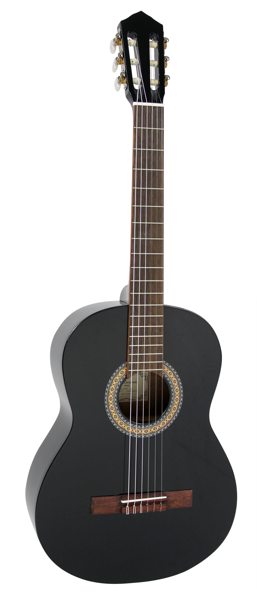 Guitare classique 3/4, table épicéa, fond & éclisses acajou, manche acajou, sillet 45 mm, cordes Bosset, noir brillant