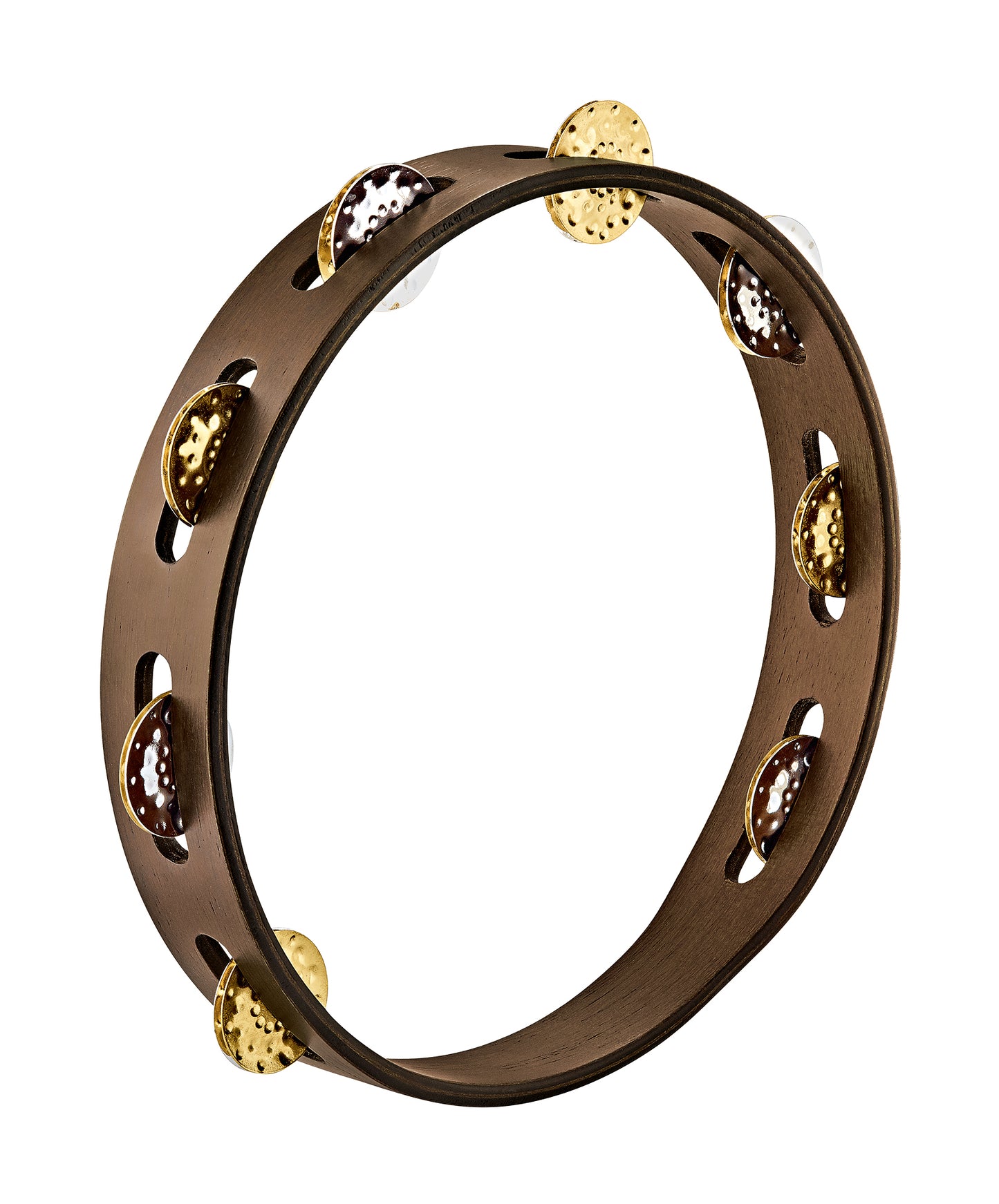 Tambourin bois 10", 1 rangée de cymbalettes nickel martelé et laiton martelé, Walnut brown