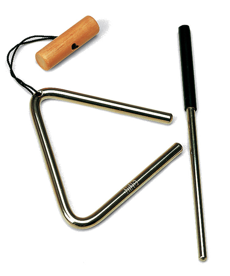 Triangle acier 10 cm, avec cordelette et poignƩe bois, batte mƩtal avec poignƩe caoutchouc