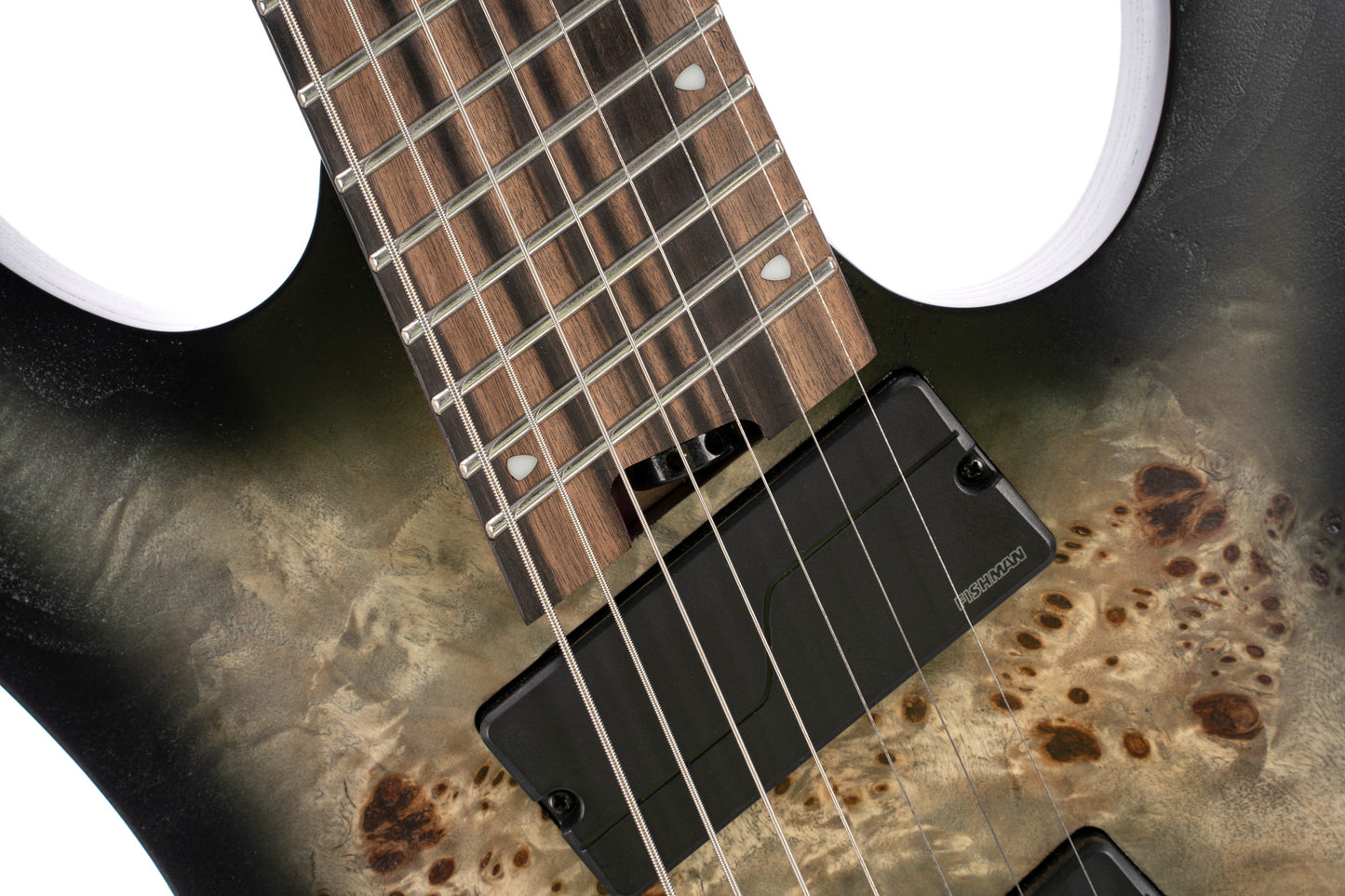 KX507MS, modèle 7 cordes, corps acajou, table peuplier figuré, touche ébène, micros Fishman Fluence, star dust black