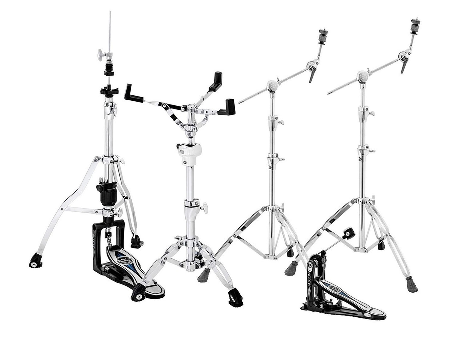 Pack accessoires Falcon, pƩdale charleston, support caisse claire, pƩdale grosse caisse, 2 supports cymbale perche, chrome