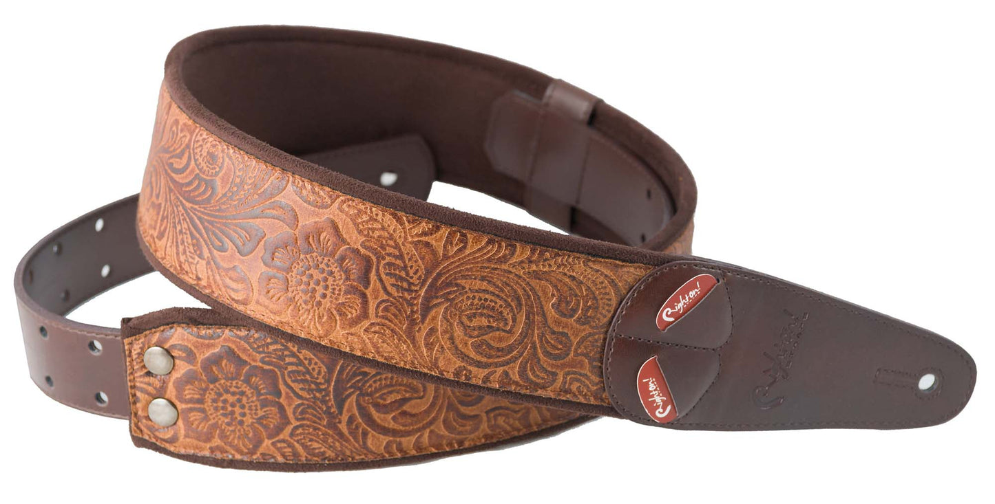 Courroie modèle SANDOKAN, extérieur synthétique, largeur 6 cm, longueur 100 à 145 cm, porte-médiators intégré, woody