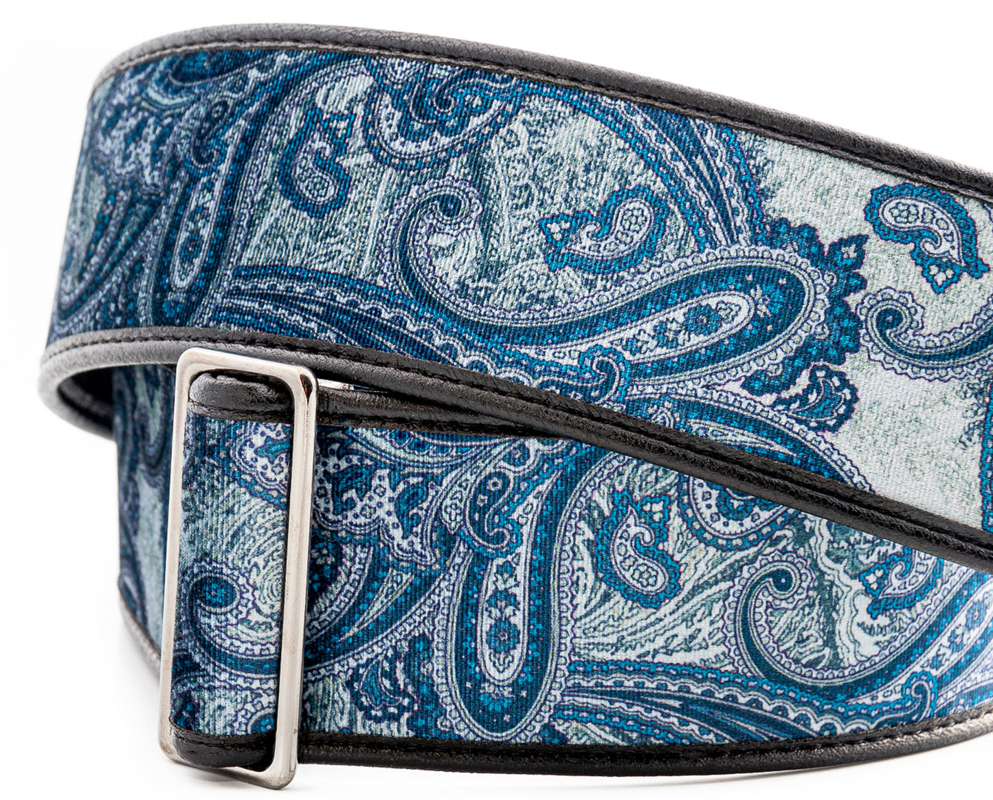 Courroie modèle PAISLEY, extérieur tissu, largeur 6 cm, longueur 95 à 150 cm, porte-médiators intégré, bleu