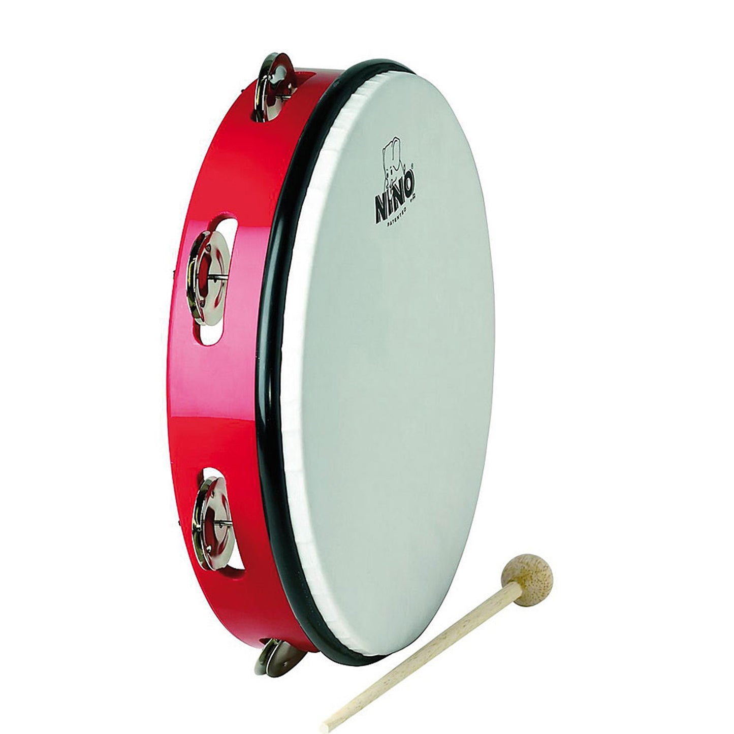 Tambourin 10" cadre en plastique ABS, peau synthƩtique, cymbalettes nickelƩes, avec mailloche bois, rouge