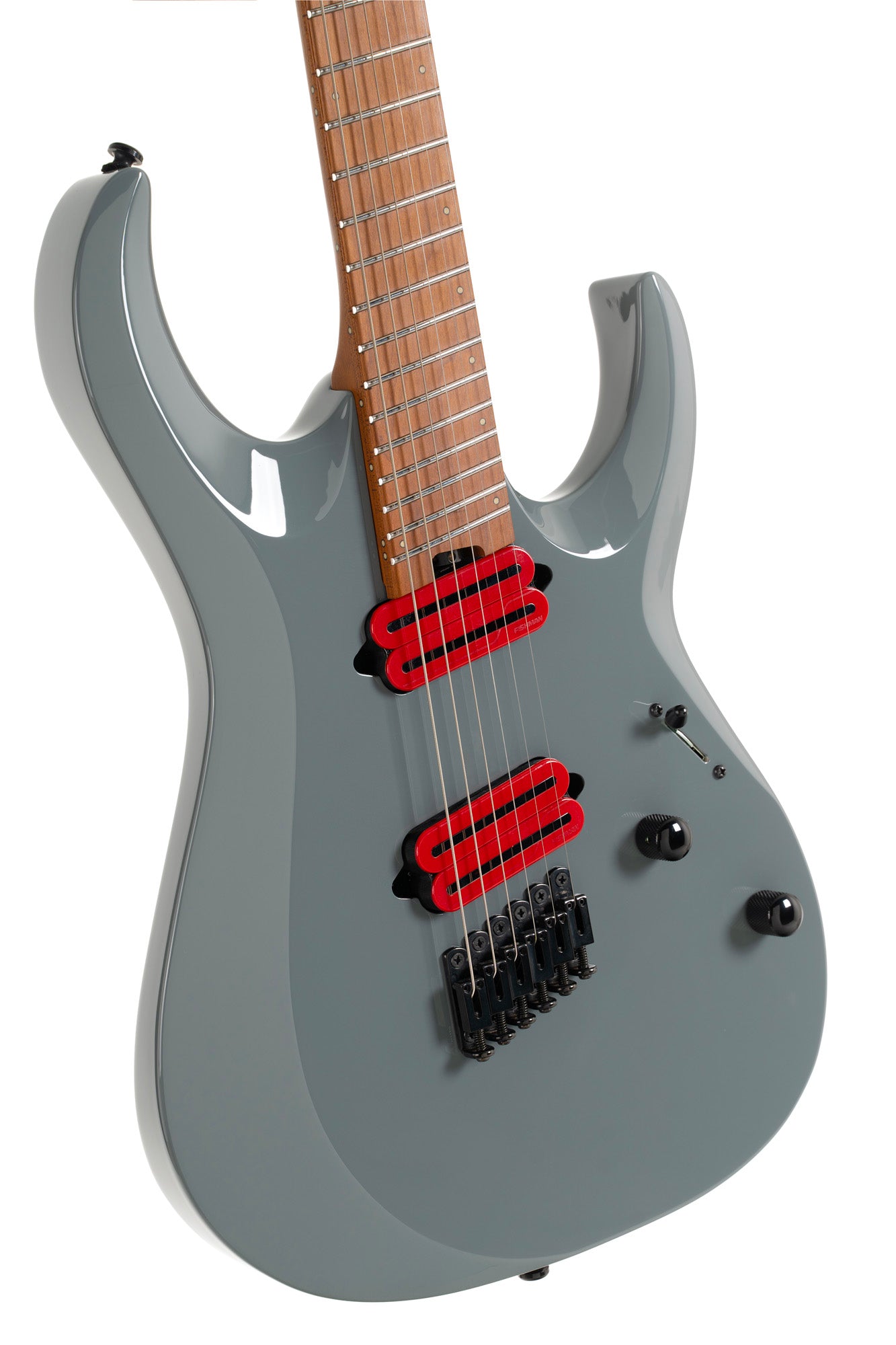 X700 Mutility II, corps tilleul, manche érable torréfié et noyer, touche érable torréfié, micros Fishman Fluence, housse, gris