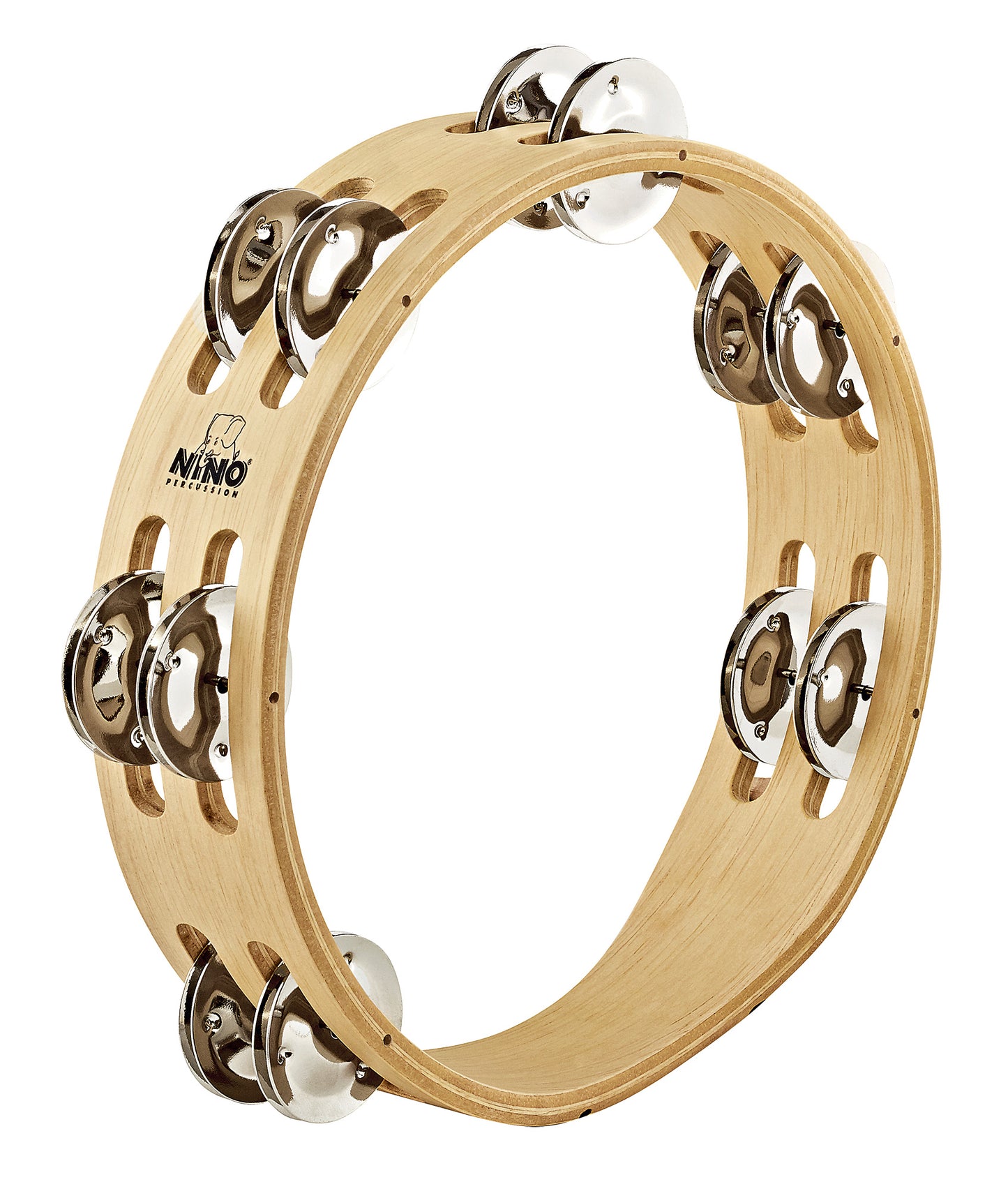 TAMBOURIN NINO BOIS 8"/2 RANGS, 16 CYMBALETTES ACIER NICKELÉ, FINITION NATUREL