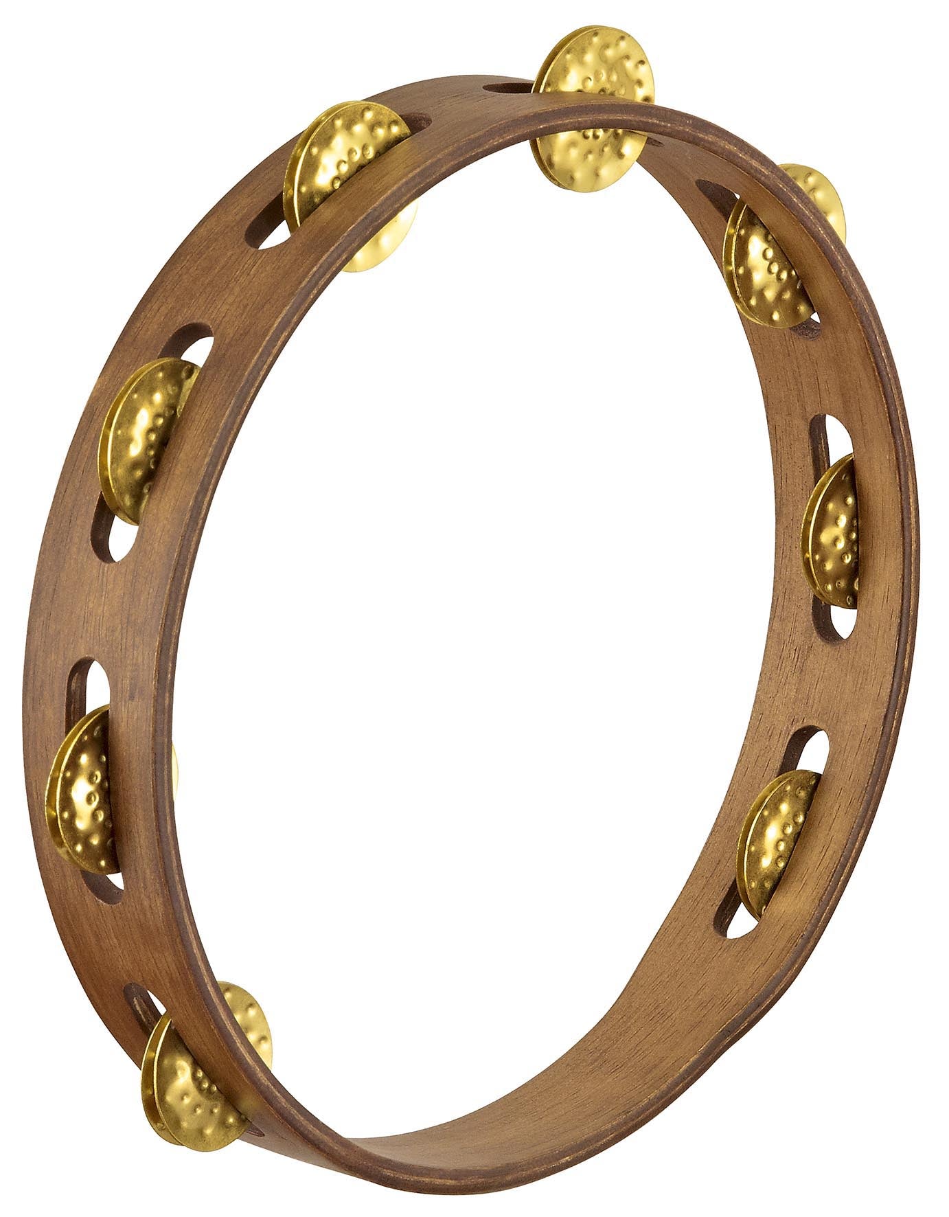 Tambourin bois, 1 rangée de cymbalettes laiton martelé, Walnut brown