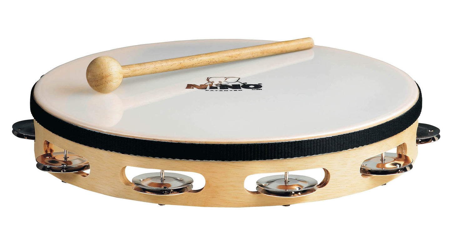 Tambourin bois 10" avec peau synthƩtique, 1 rangƩe de cymbalettes, naturel