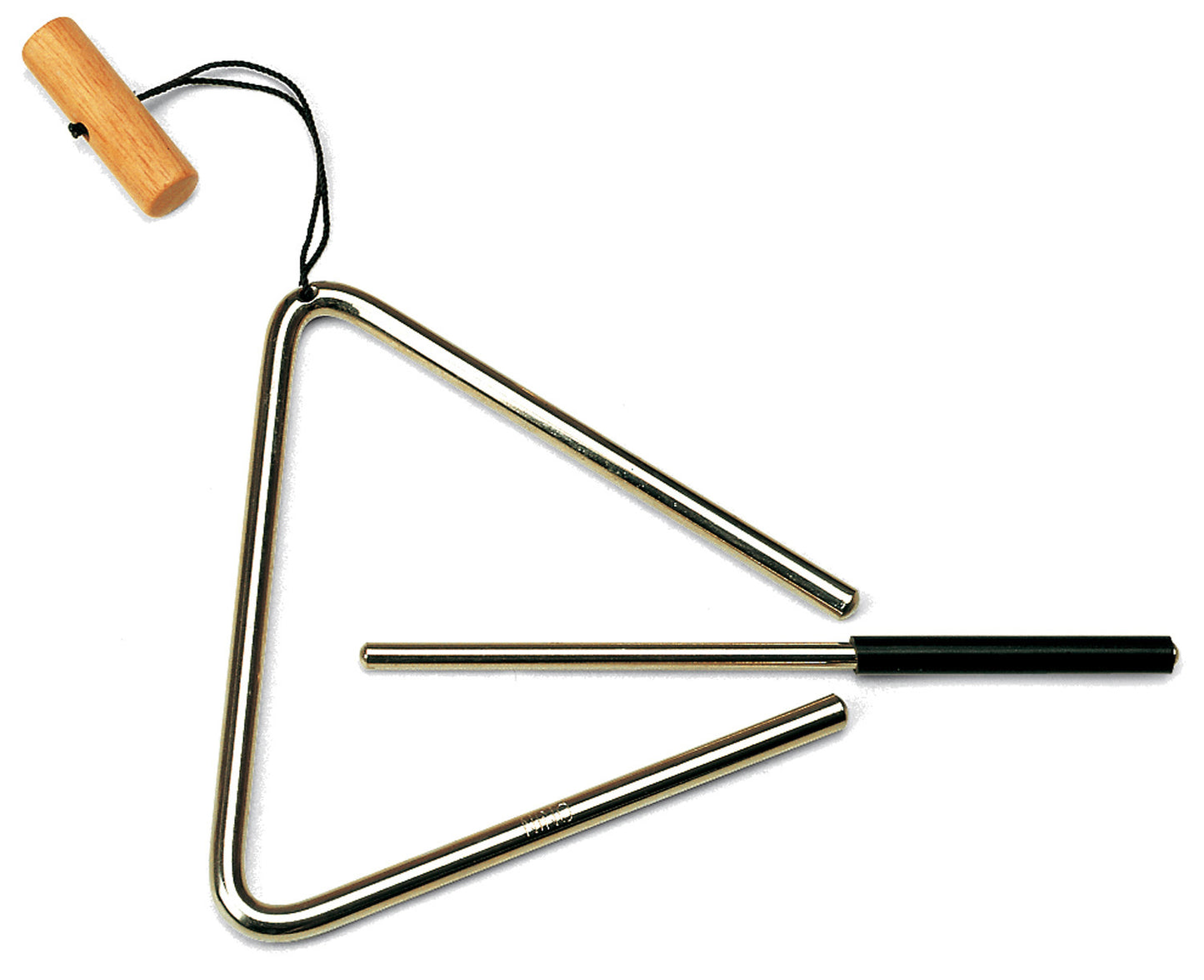 Triangle acier 15 cm, avec cordelette et poignƩe bois, batte mƩtal avec poignƩe caoutchouc