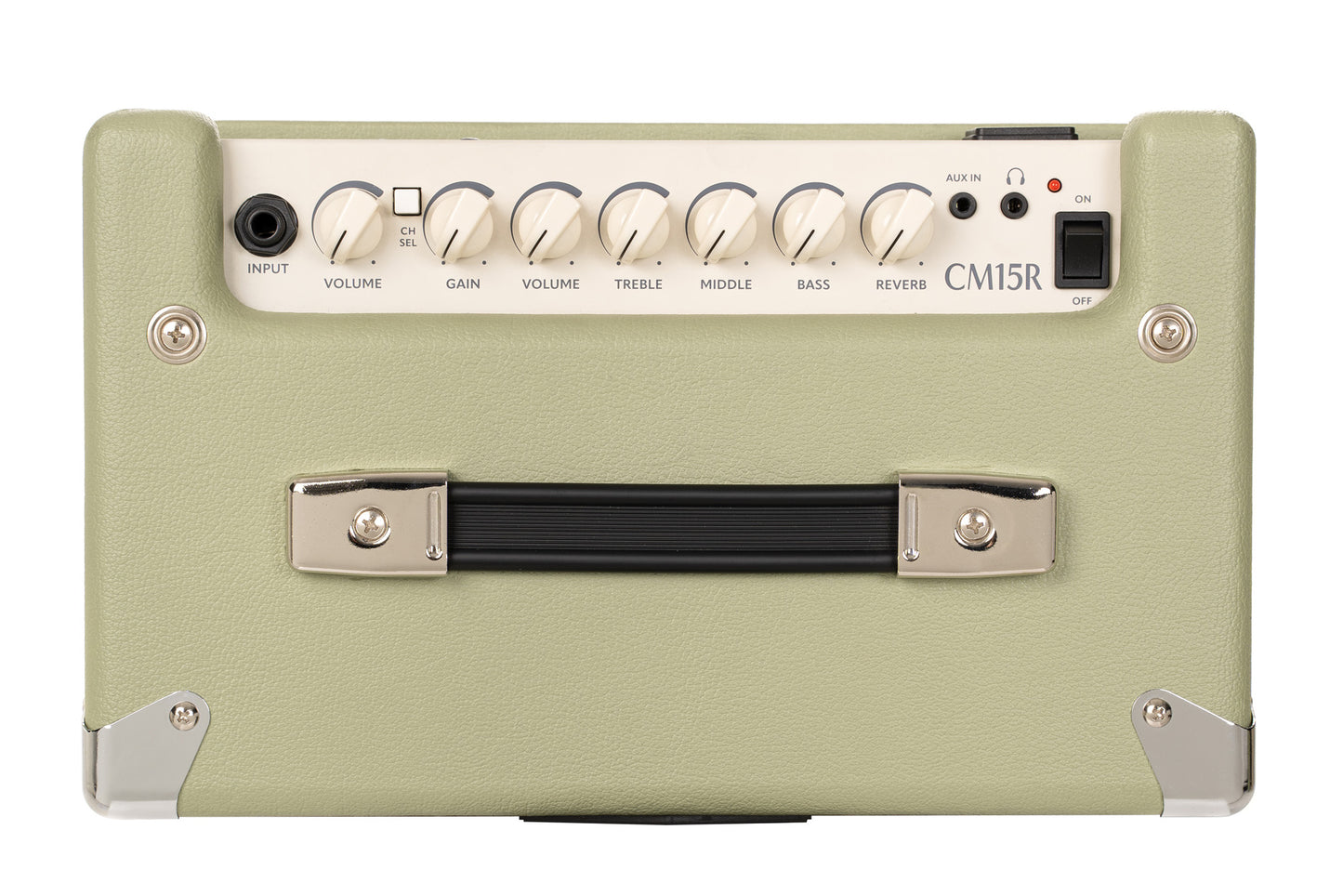 Ampli guitare 15W, 1 x 8", 2 canaux, égaliseur 3 bandes, réverb, entrée CD/MP3 mini-Jack, sortie casque mini-Jack, vert pale