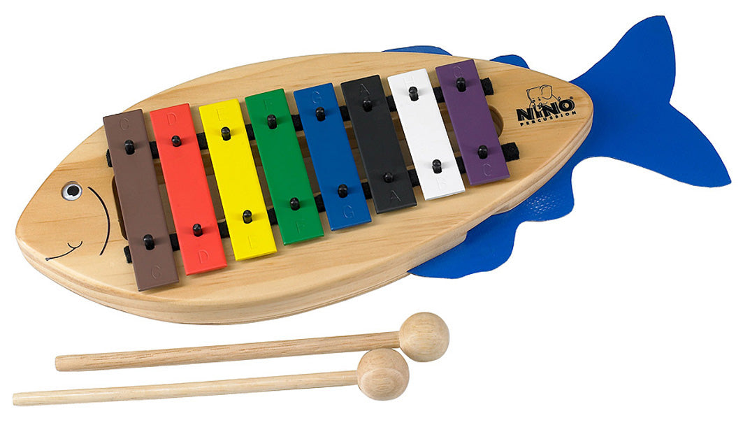 Carillon-poisson en pin, lames mƩtalliques couleur amovibles, avec paire de mailloches et songbook,