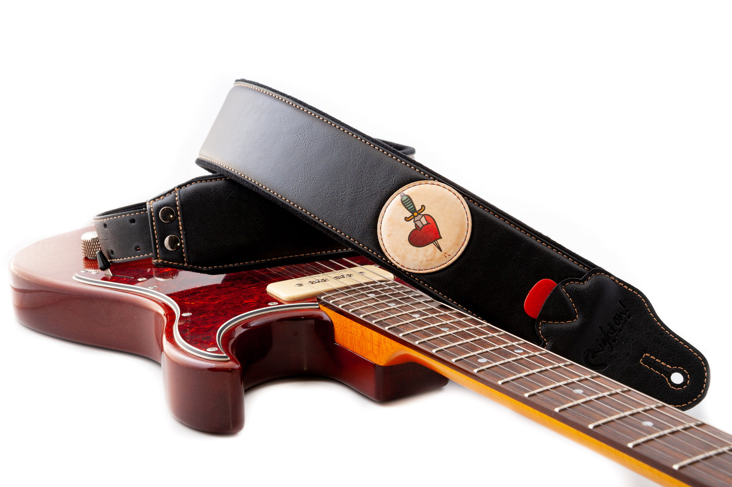 Courroie modèle TATOO HEART, extérieur synthétique, largeur 7 cm, longueur 98 à 153 cm, porte-médiators intégré, noir