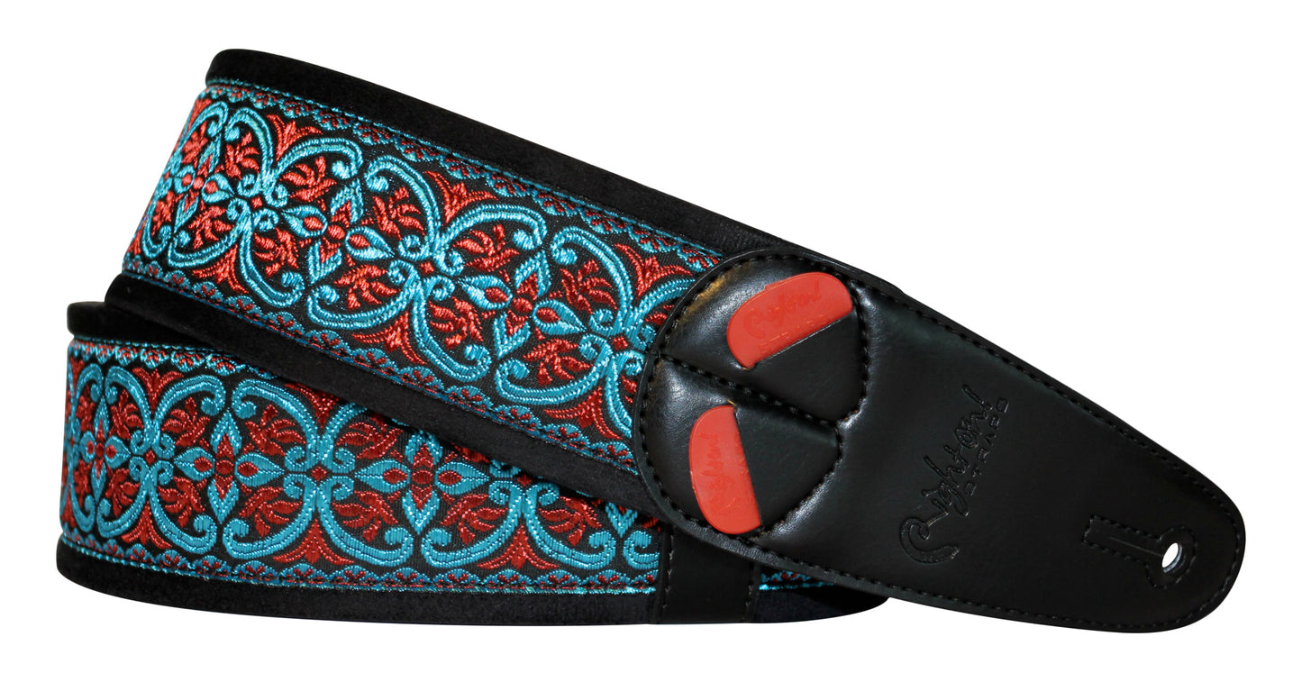 Courroie modèle FILLMORE-FRANCE, extérieur synthétique et tissu, largeur 6 cm, longueur 100 à 145 cm, porte-médiators, noir