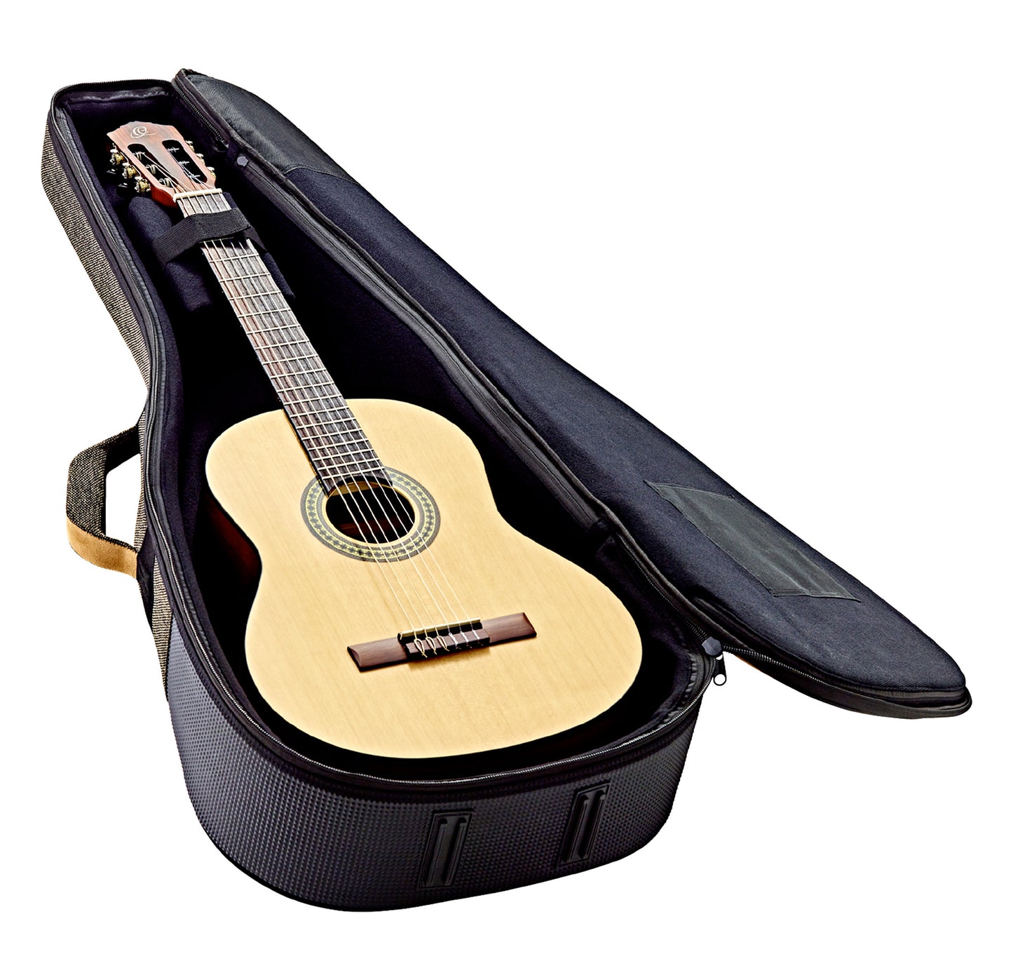 Etui léger pour guitare classique, toile/coton, rembourrage 22 mm, intérieur peluche noir, repose-manche avec velcro, mocca