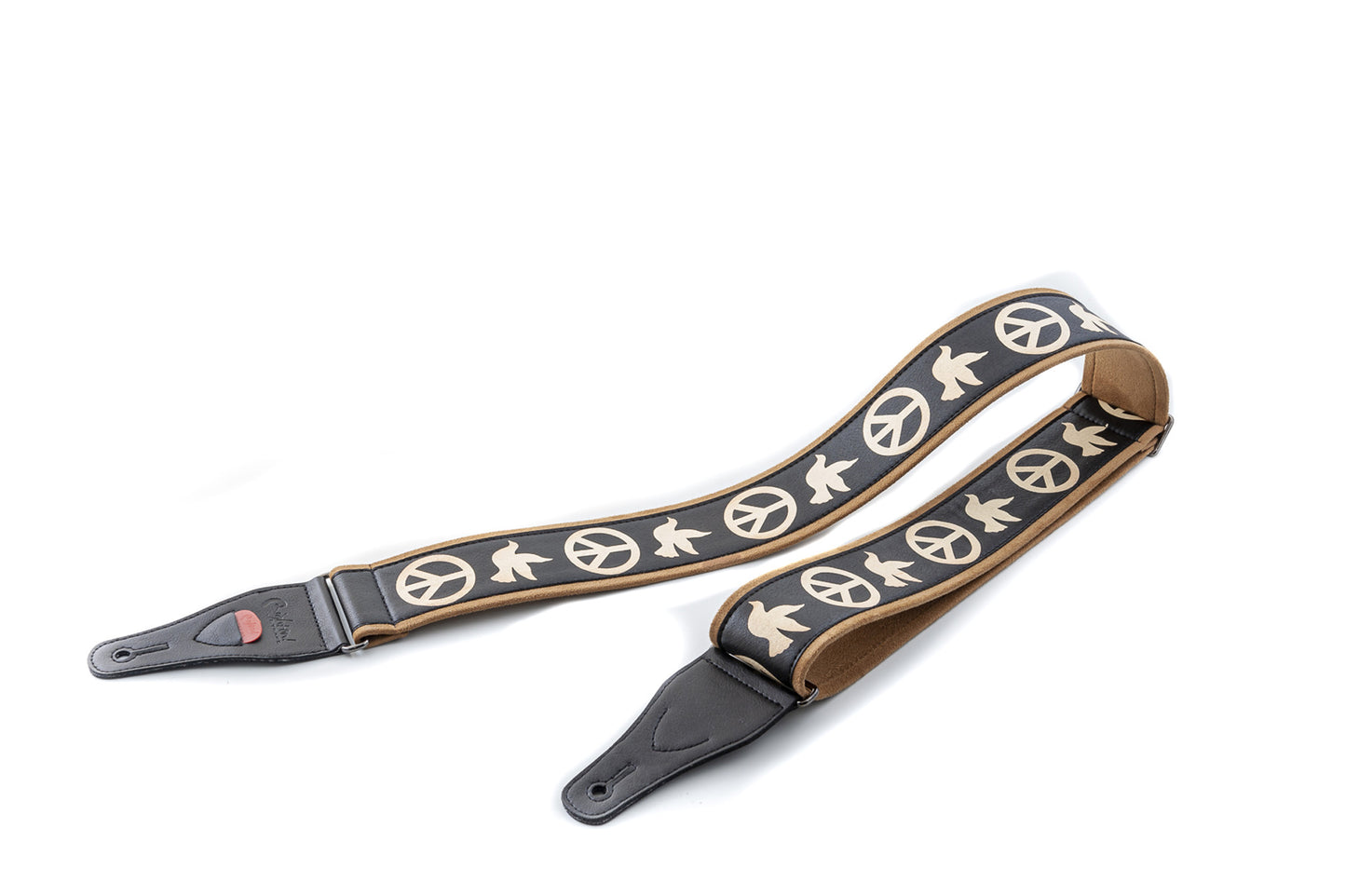 Courroie modèle LEGEND PEACE&DOVES, synthétique, largeur 6 cm, longueur 90 à 150 cm, porte-médiators intégré, noir