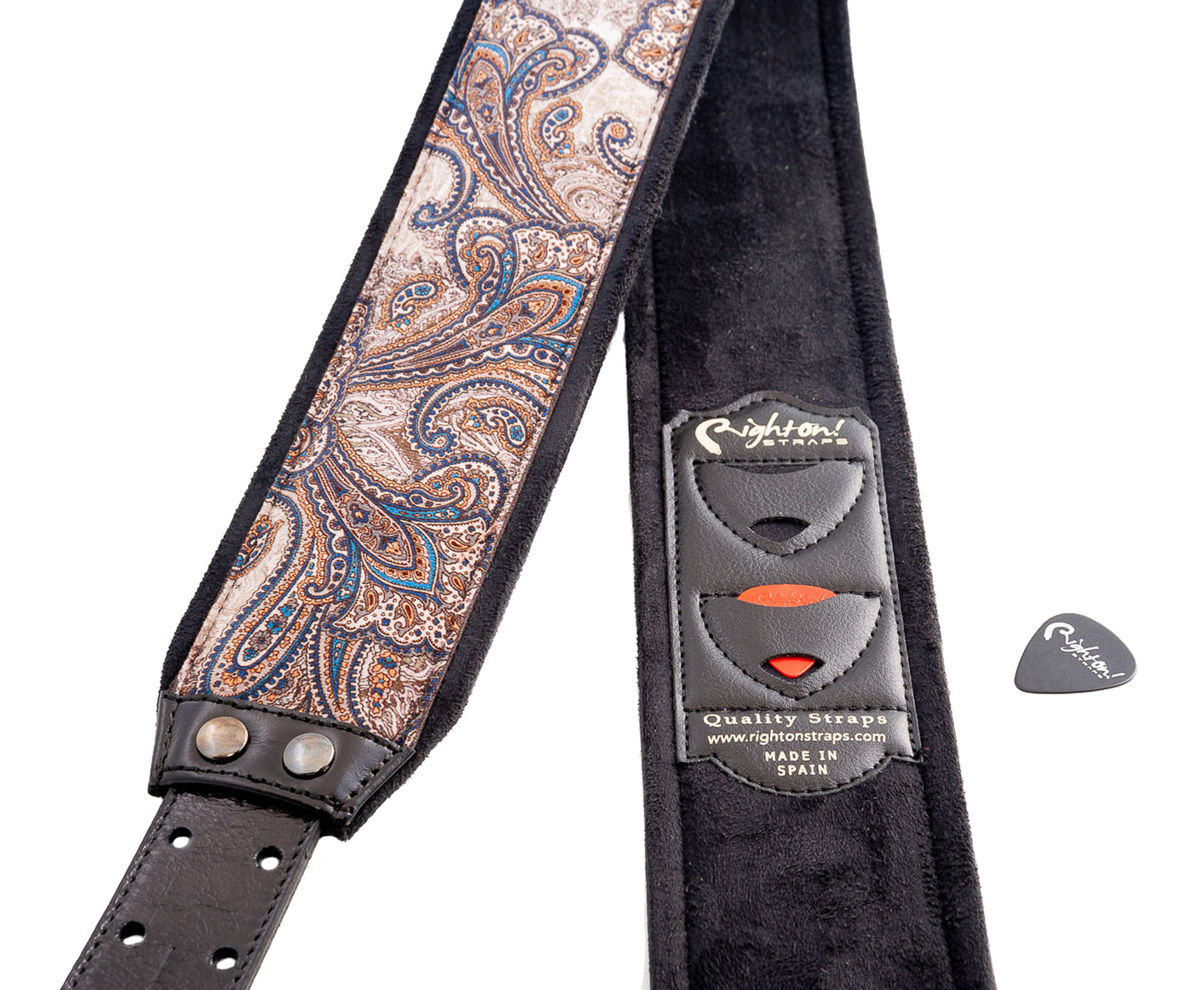 Courroie modèle J-PAISLEY, extérieur velours, largeur 7 cm, longueur 95 à 150 cm, porte-médiators intégré, brun