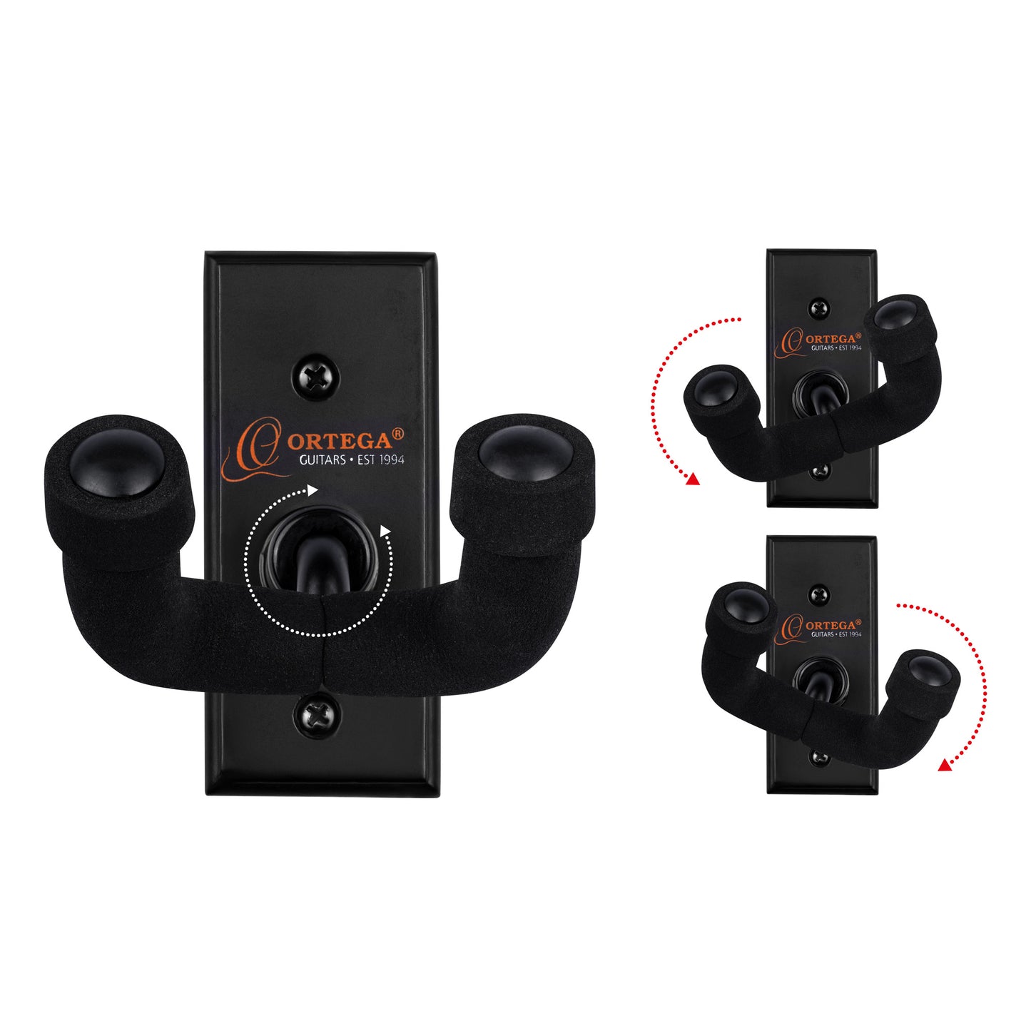 Support mural pour guitare et basse, embase bois, fixation par 2 vis, Ʃtrier (largeur: 4.5 cm) recouvert de mousse, noir