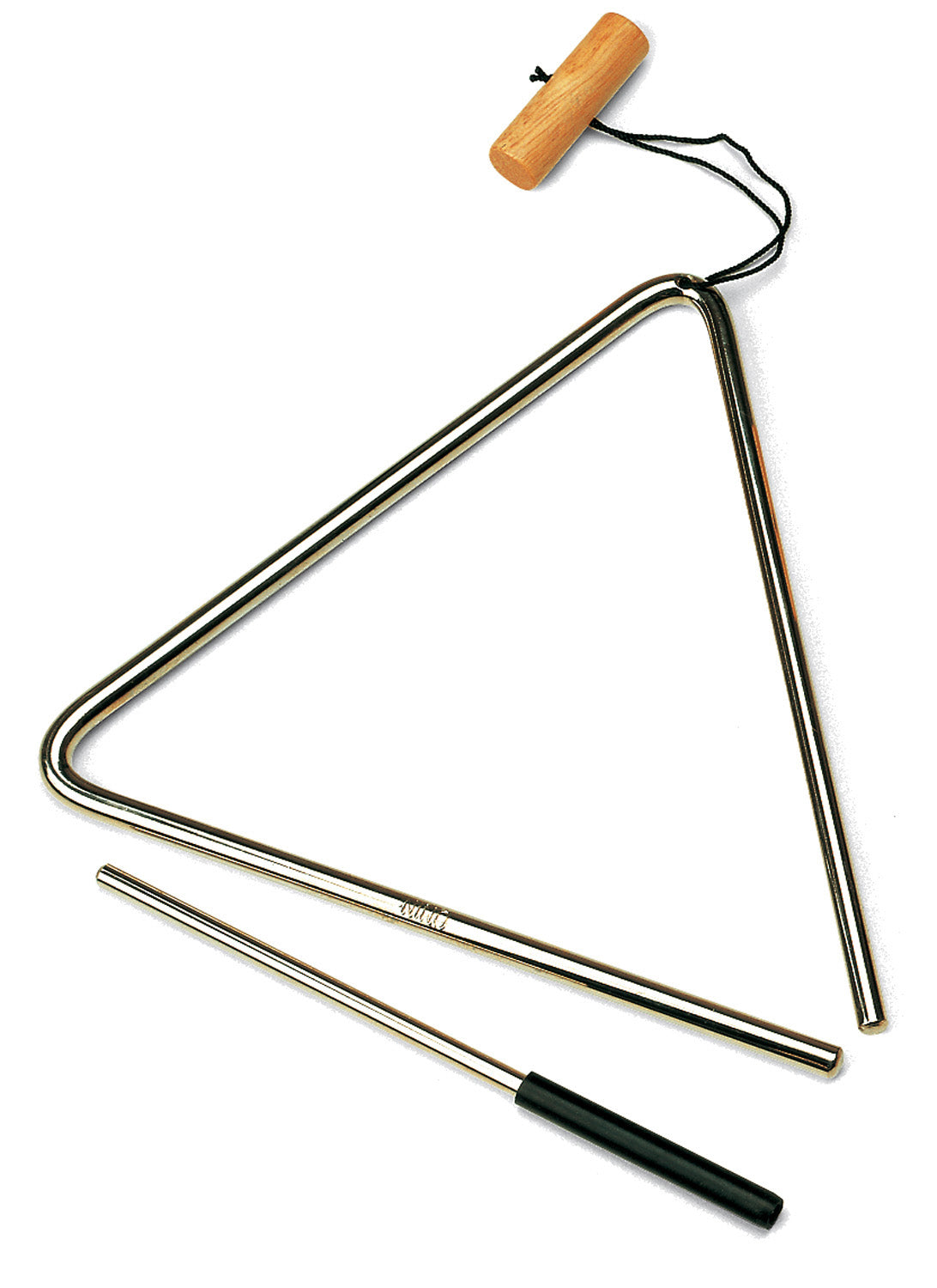 Triangle acier 20 cm, avec cordelette et poignƩe bois, batte mƩtal avec poignƩe caoutchouc