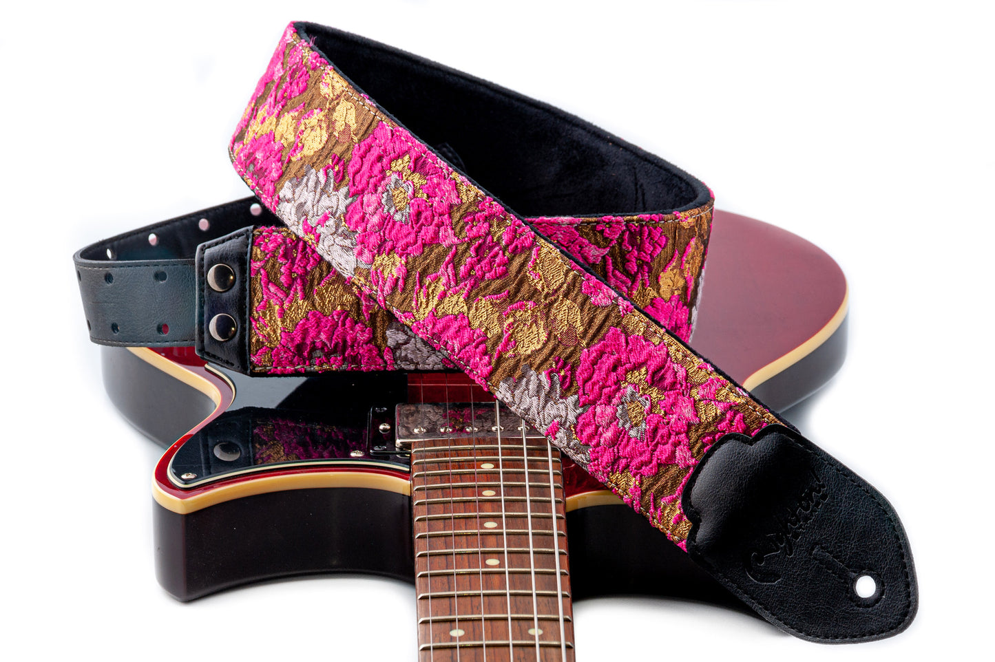 Courroie modèle GOLD & ROSES, extérieur synthétique et tissu, largeur 7 cm, longueur 95 à 150 cm, porte-médiators, rose