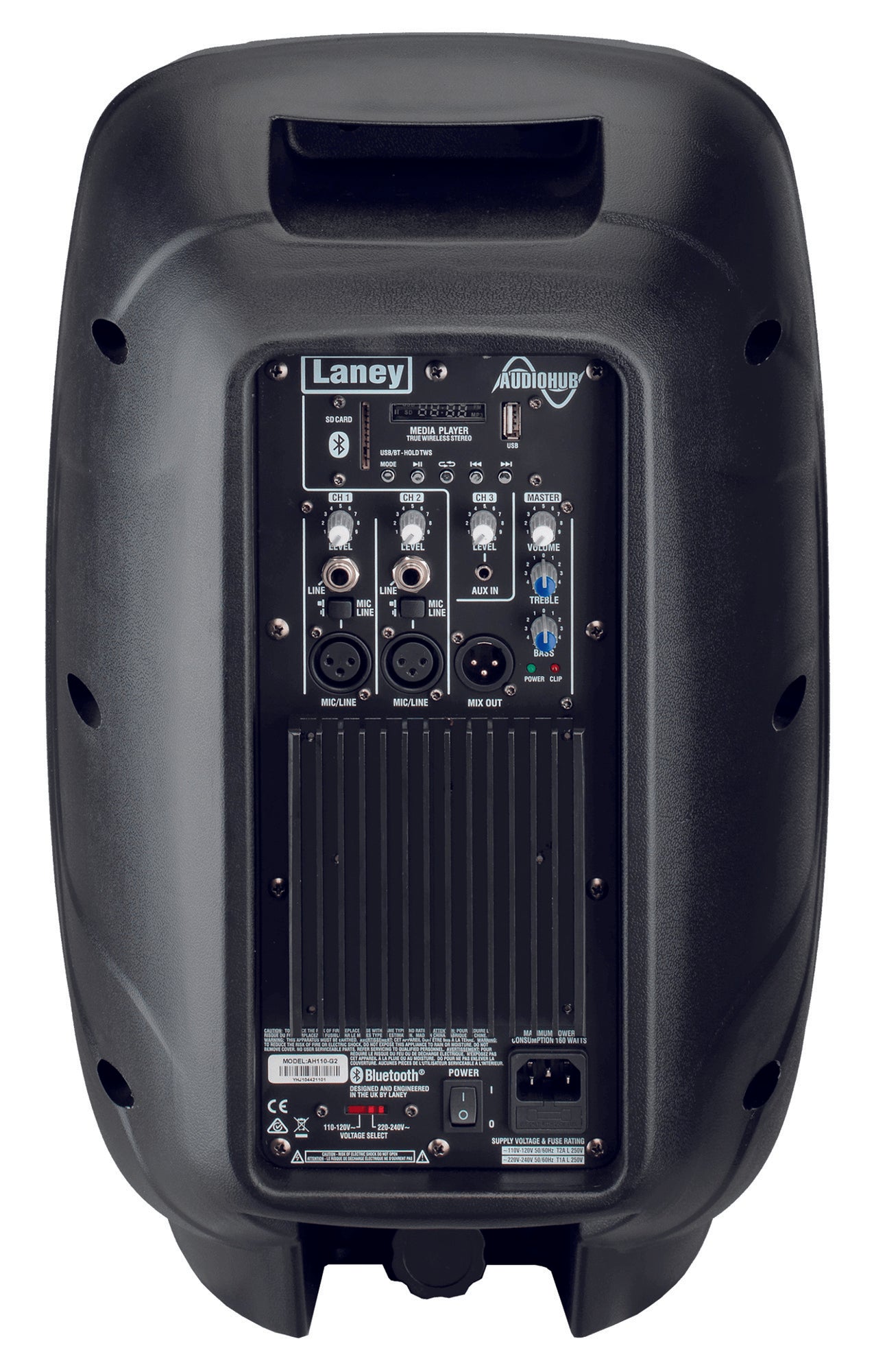 Enceinte polyvalente AH110-G2, 400W, HP 10" + compression 1", 3 canaux, lecteur média SD/USB/BLUETOOTH, 11.5 kg, noir