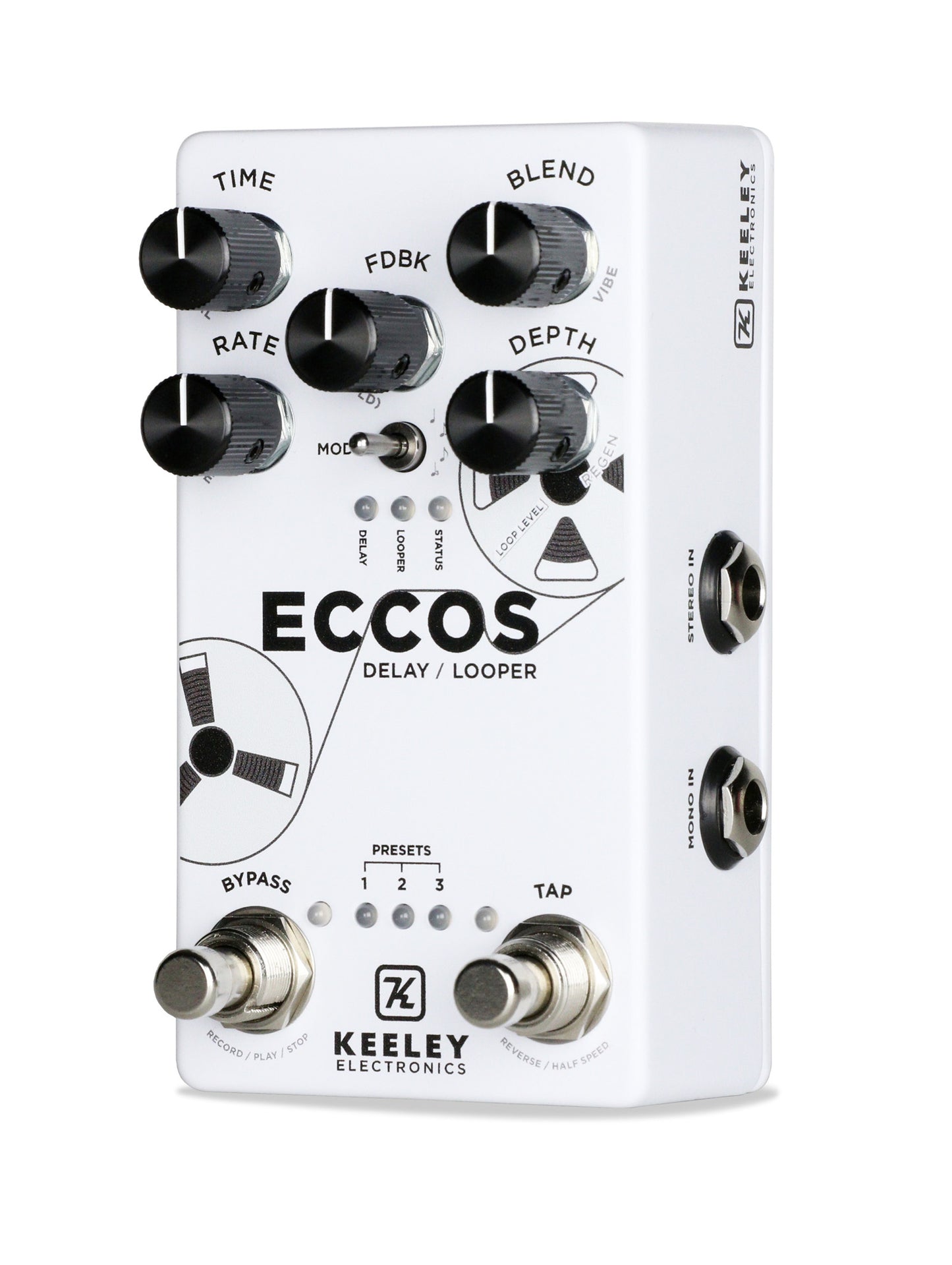 Pédale ECCOS, délai vintage et looper stéréo, 3 presets, tap tempo, entrée pour pédale d'expression, boitier métal, blanc