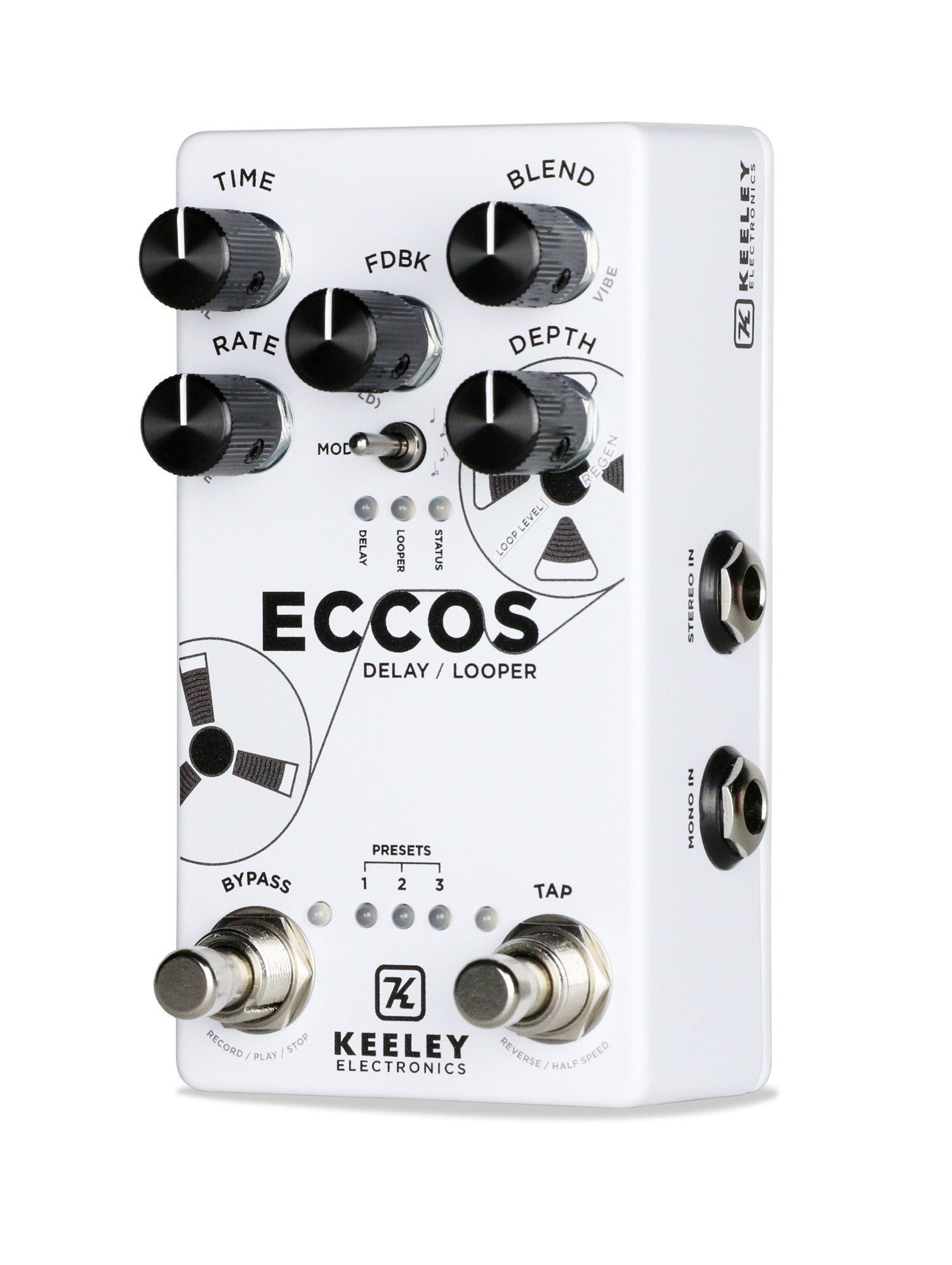 Pédale ECCOS, délai vintage et looper stéréo, 3 presets, tap tempo, entrée pour pédale d'expression, boitier métal, blanc