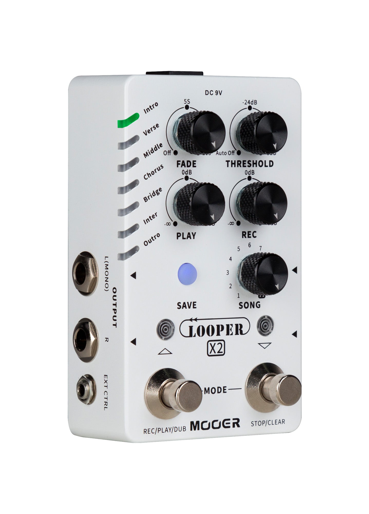 Pédale LOOPER X2, looper stéréo, 11 banques SONG avec 7 presets chacune, jusqu'à 300 minutes d'enregistrement, blanc