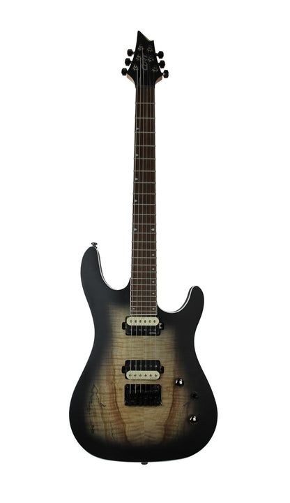 KX300, corps acajou, table érable figuré, manche vissé érable, touche jatoba, micros EMG RetroActive, raw burst pores ouverts