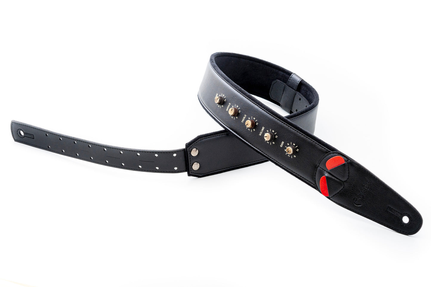 Courroie modèle SPINALTAP, extérieur synthétique, largeur 6 cm, longueur 100 à 145 cm, porte-médiators intégré, noir