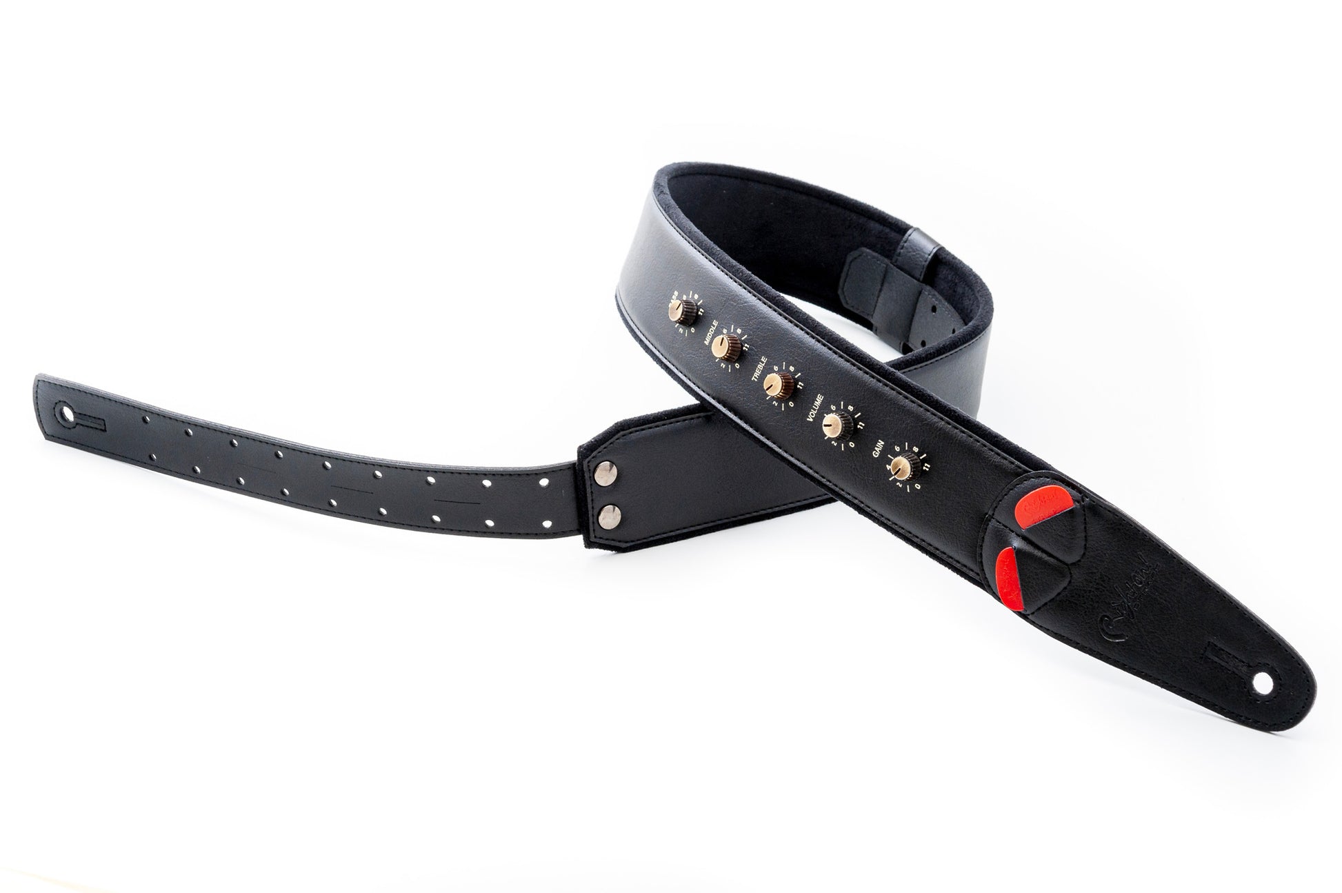 Courroie modèle SPINALTAP, extérieur synthétique, largeur 6 cm, longueur 100 à 145 cm, porte-médiators intégré, noir