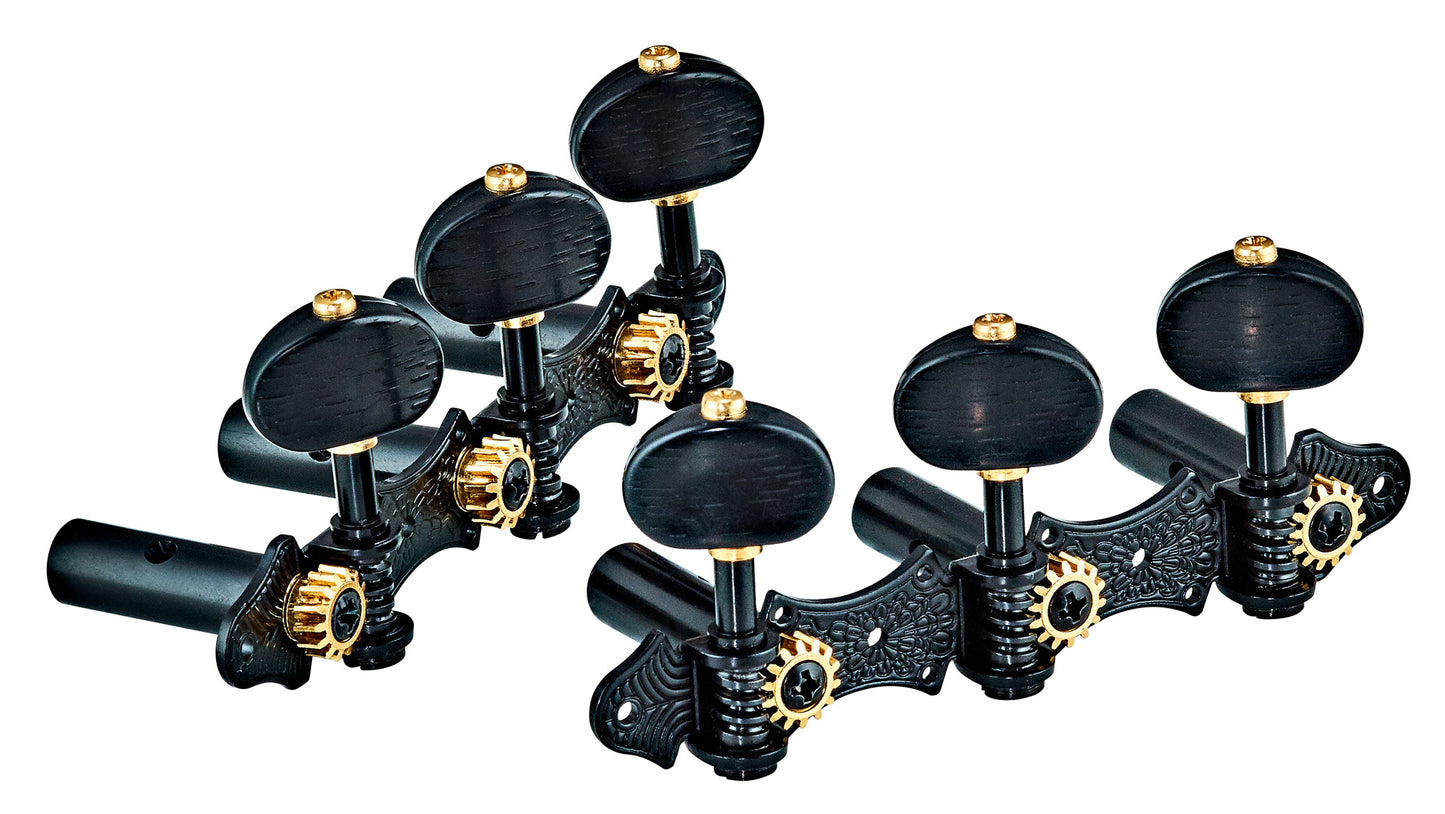 Jeu de mécaniques pour guitare classique série Deluxe, ratio 14:1, plaques noires, boutons noirs style ébène