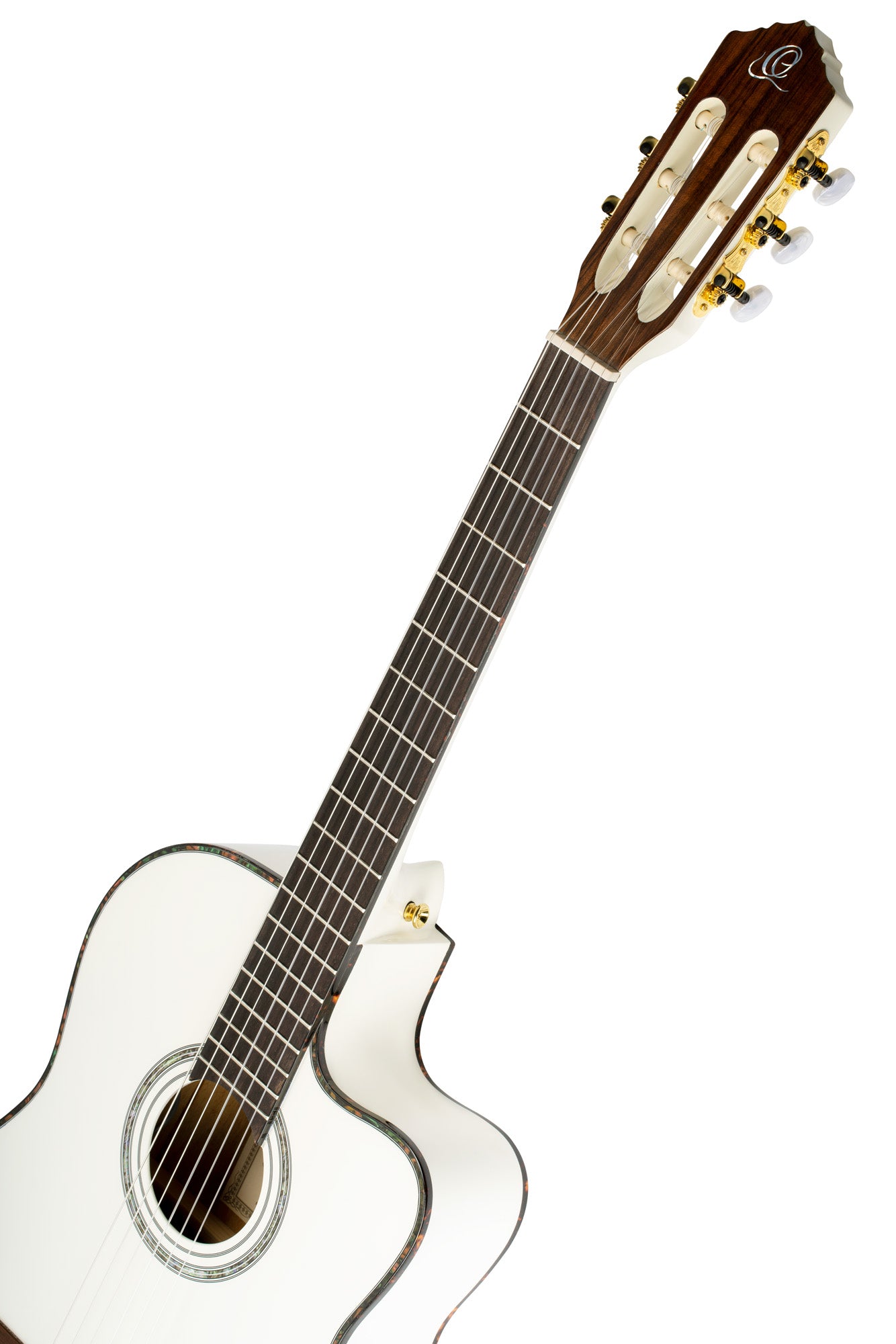 RCE145, modèle à caisse fine, pan coupé, EQ MagusPro, table épicéa massif, manche acajou (sillet 48 mm), blanc brillant