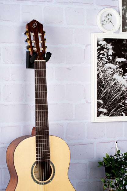 Support mural pour guitare et basse, embase bois, fixation par 2 vis, étrier (largeur: 4.5 cm) recouvert de mousse, noir