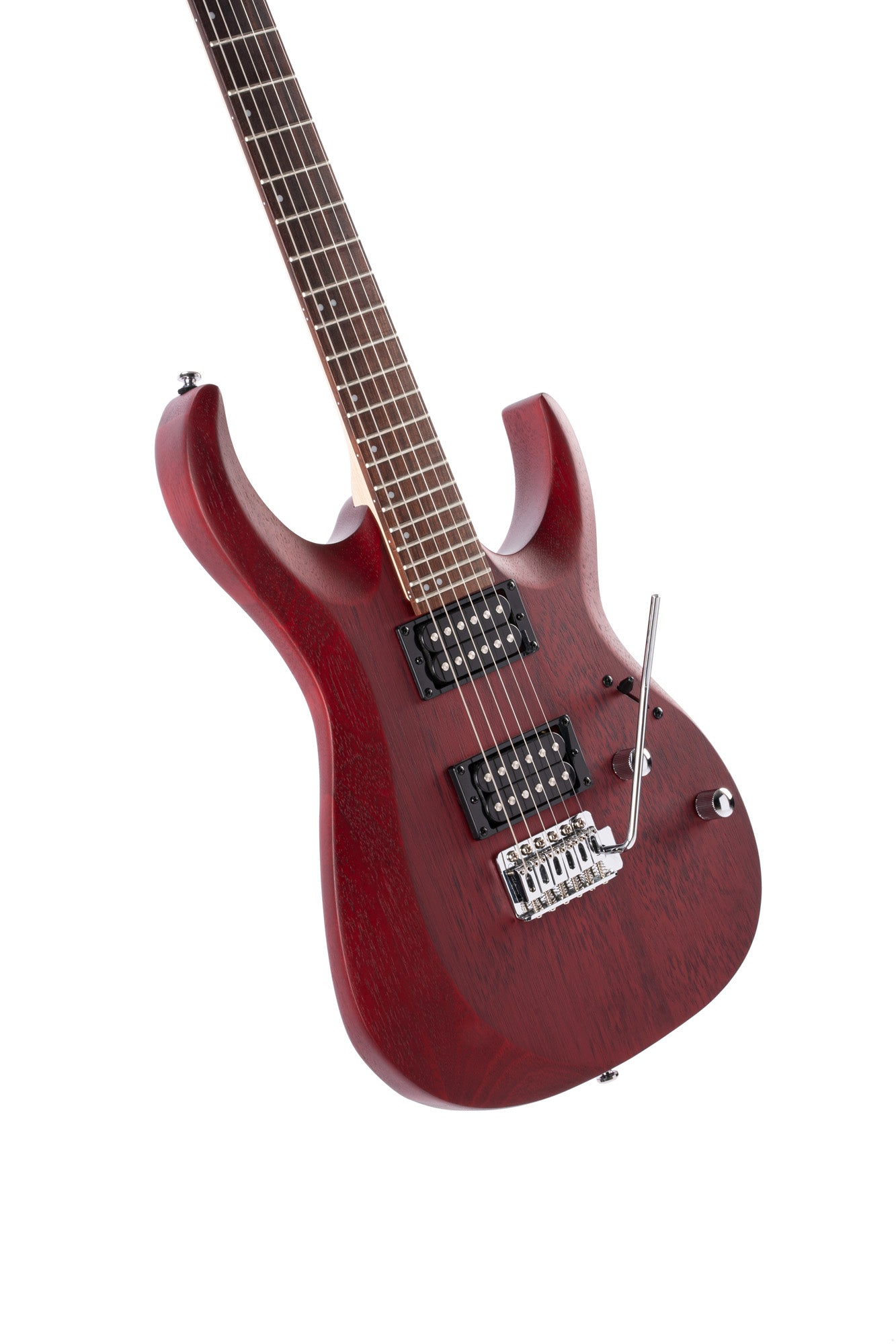 X100, corps meranti, manche érable, touche jatoba, trémolo 6 points, 2 doubles Powersound, black cherry pores ouverts