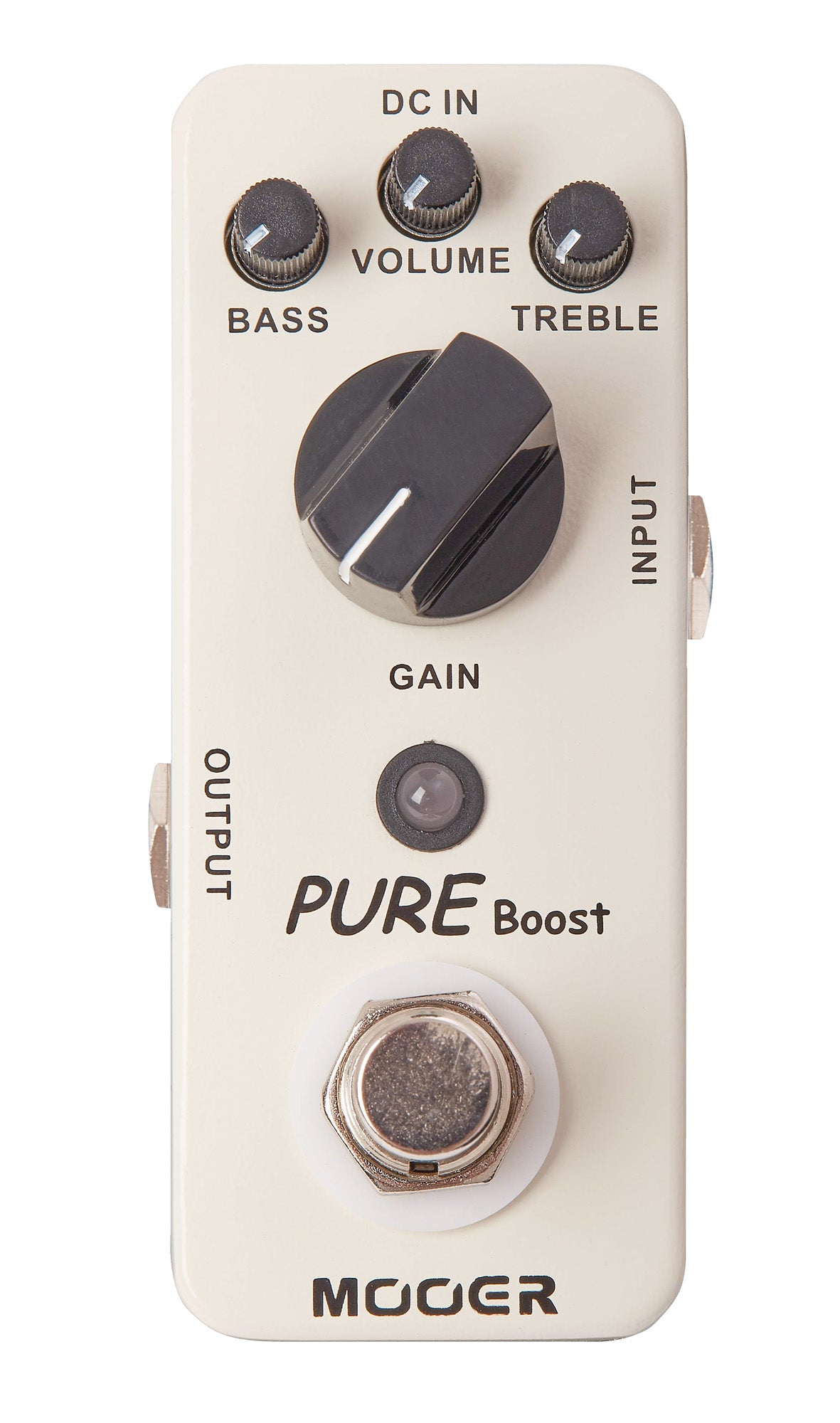 Pédale PURE BOOST, clean boost +20dB avec EQ 2 bandes, boîtier métal, true bypass, blanc