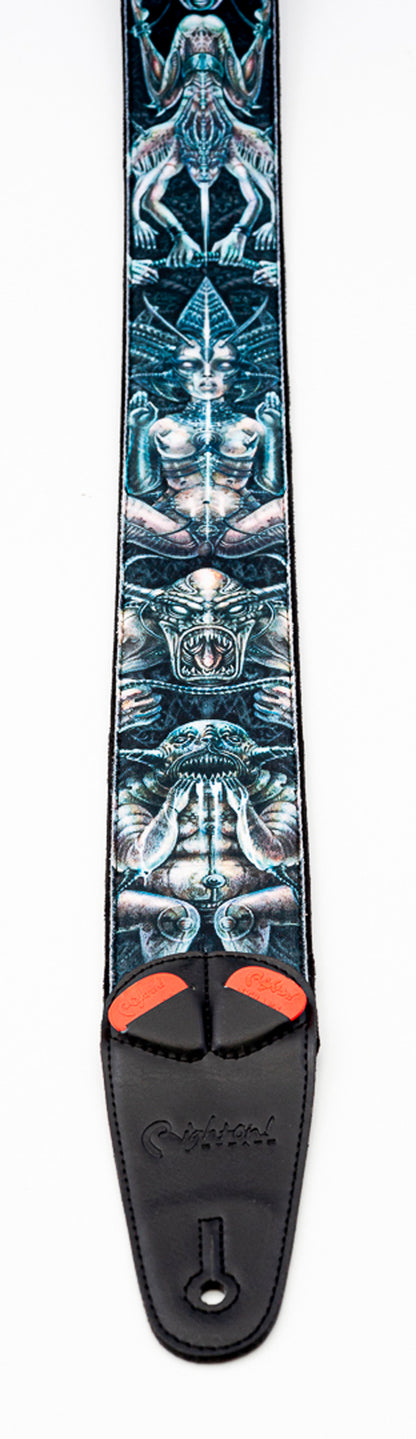 Courroie modèle SEVEN, extérieur tissu, largeur 6 cm, longueur 100 à 145 cm, porte-médiators intégré, unic (sept péchés)