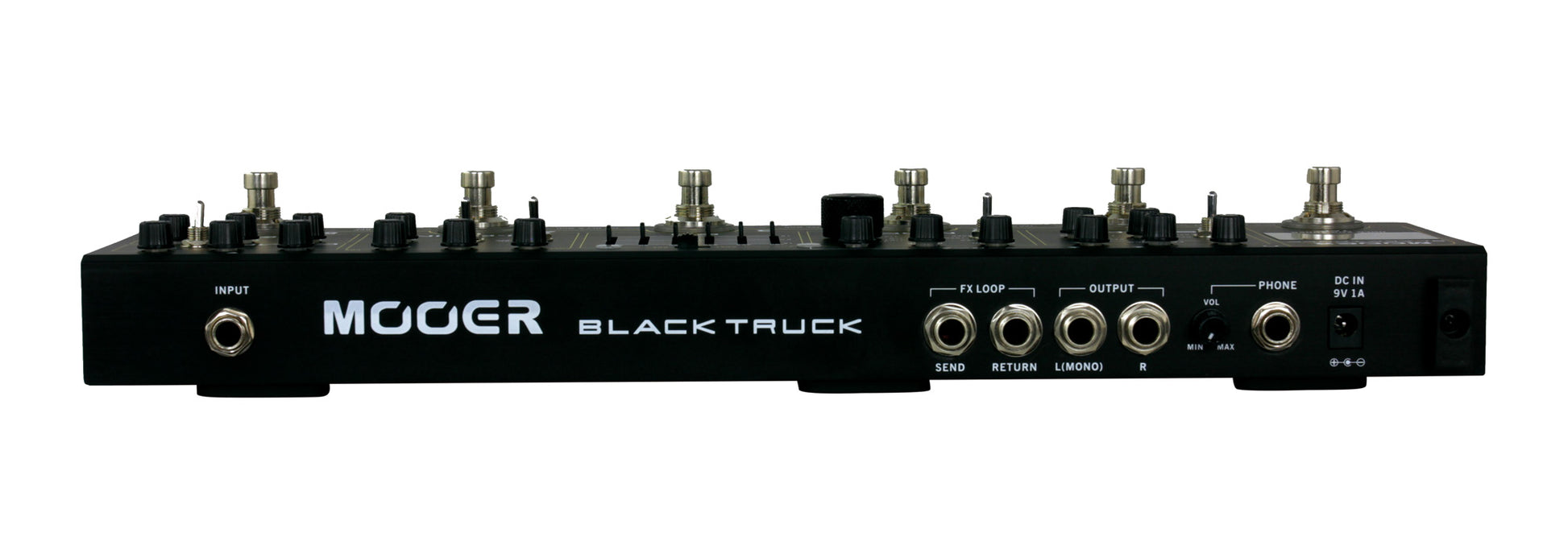 Pédalier BLACK TRUCK, 6 pédales d'effet (Compresseur, Overdrive, Distorsion, EQ, Modulation, Délai/Réverb), noir