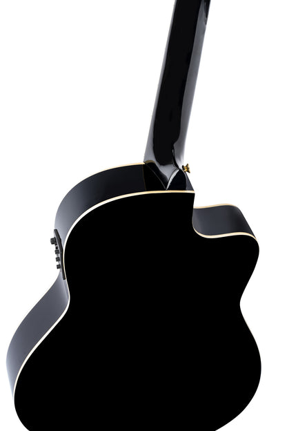 RCE145L, modèle gaucher à caisse fine, pan coupé, EQ MagusPro, table épicéa massif, manche acajou (sillet 48 mm), noir brillant