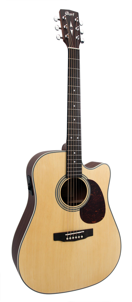 MR500E, table épicéa massif, f/e acajou, manche acajou, purfling et rosace nacrés, EQ CE304T, naturel pores ouverts