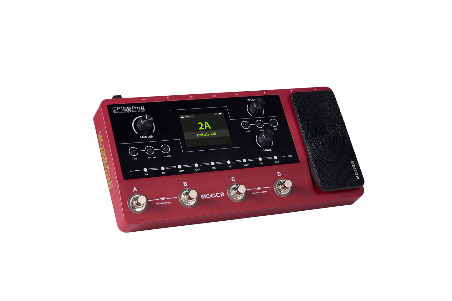 Pédalier multi-effets GE150 PRO Li, 55 simulations d'amplis haute-qualité, 26 simulations de HP (IR), batterie lithium, rouge