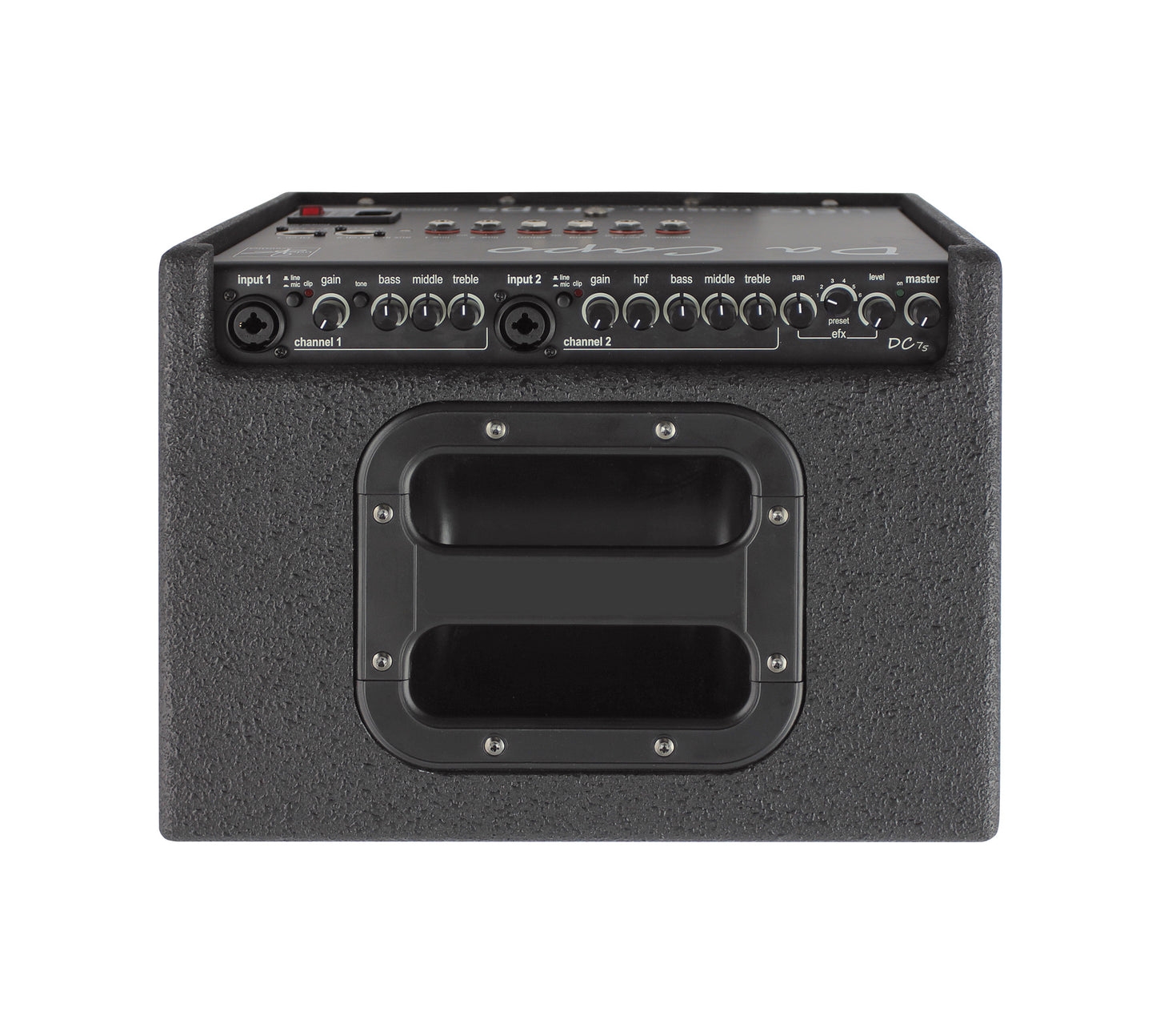 DA CAPO 75, 2 canaux, 75W, HP 8" double cône, EQ 3 bandes par canal, 2 entrées combinées XLR/Jack, effets numériques, noir