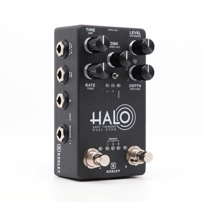 Pédale HALO, Andy Timmons Dual Echo, délai stéréo 5 modes, entrée pour pédale d'expression, boitier métal, gris
