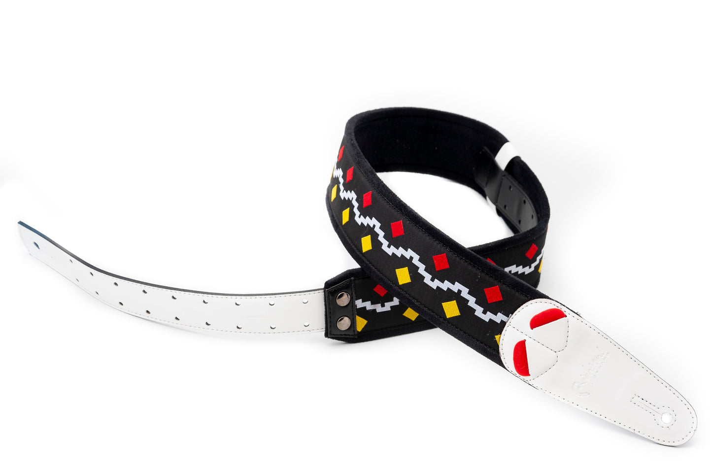 Courroie modèle GET BACK FR, extérieur synthétique et tissu, largeur 6 cm, longueur 100 à 145 cm, porte-médiators, noir et blanc